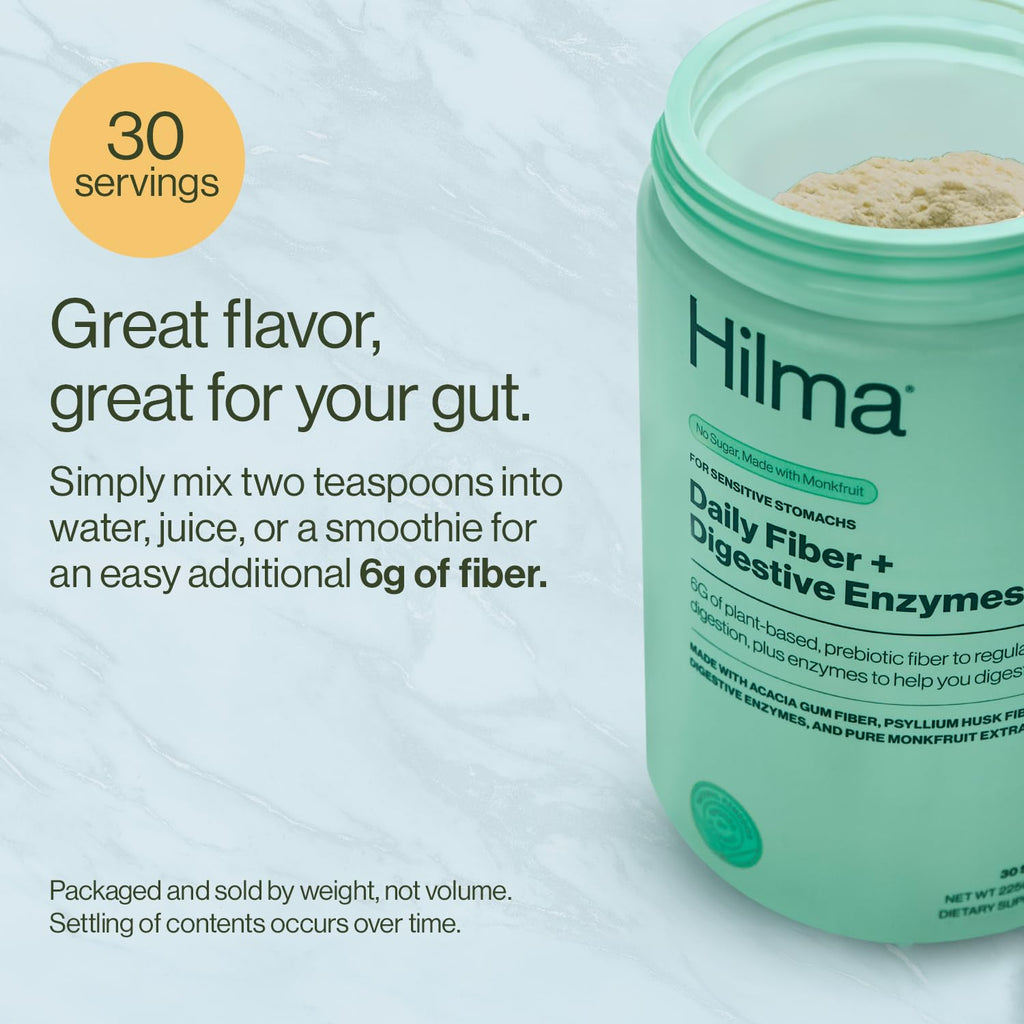 Hilma Daily Fiber and Digestive Enzymes Powder, Vegan, 30 Servings | Fiber Supplement with Digestive Enzymes & Prebiotic Soluble Fiber, Acacia Gum & Psyllium Husk, Regularity & Digestion Support