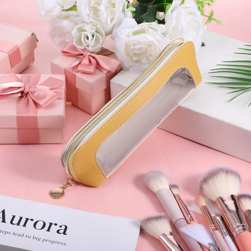 Stylish Psyqtsuary small yellow clear makeup bag with PU leather finish, perfect for organizing cosmetics. Verified by CuratCart.