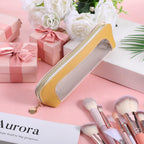 Stylish Psyqtsuary small yellow clear makeup bag with PU leather finish, perfect for organizing cosmetics. Verified by CuratCart.
