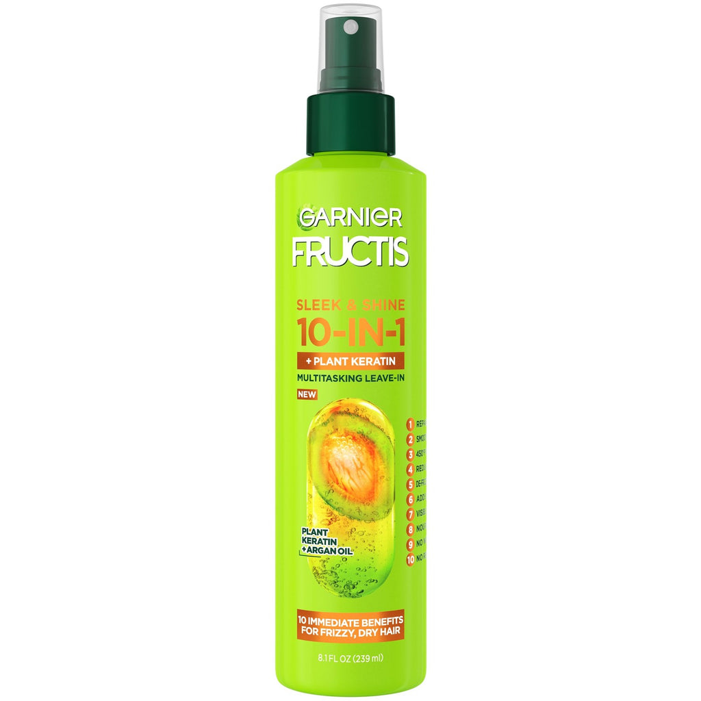 Garnier Fructis Sleek & Shine 10-in-1 Leave In Conditioner Spray for Dry, Frizzy Hair, Heat Protectant Up to 450F with Argan Oil & Plant Keratin, Provides Flyaway and Frizz Control, 8.1 Fl Oz