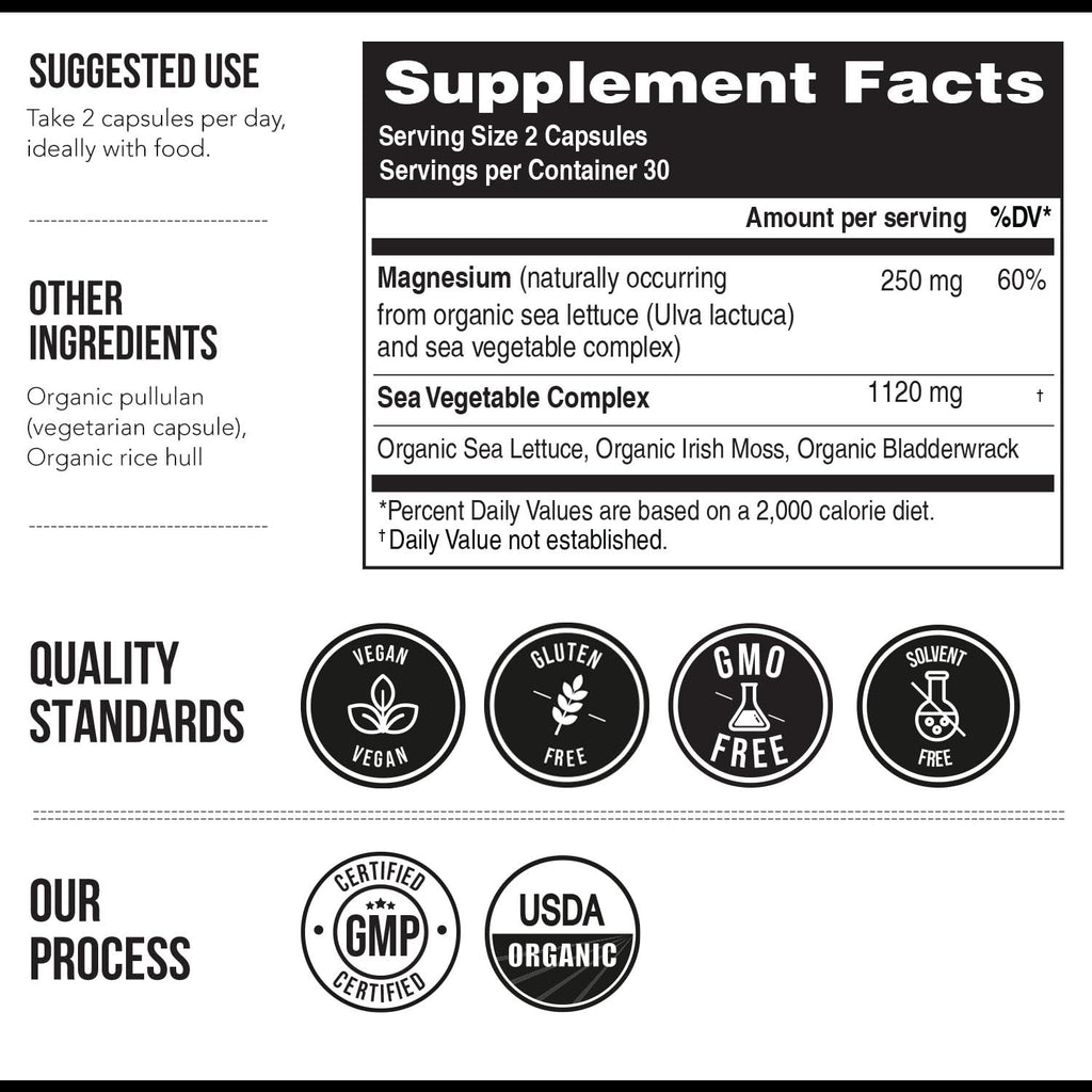 Organic Whole Food Magnesium Supplement - Plant-Based, Organic Sea Vegetable Complex - 250 mg Per Serving | Water Extracted | Gentle on Stomach | Supports Energy, Sleep, Muscle, Heart - 60 Capsules
