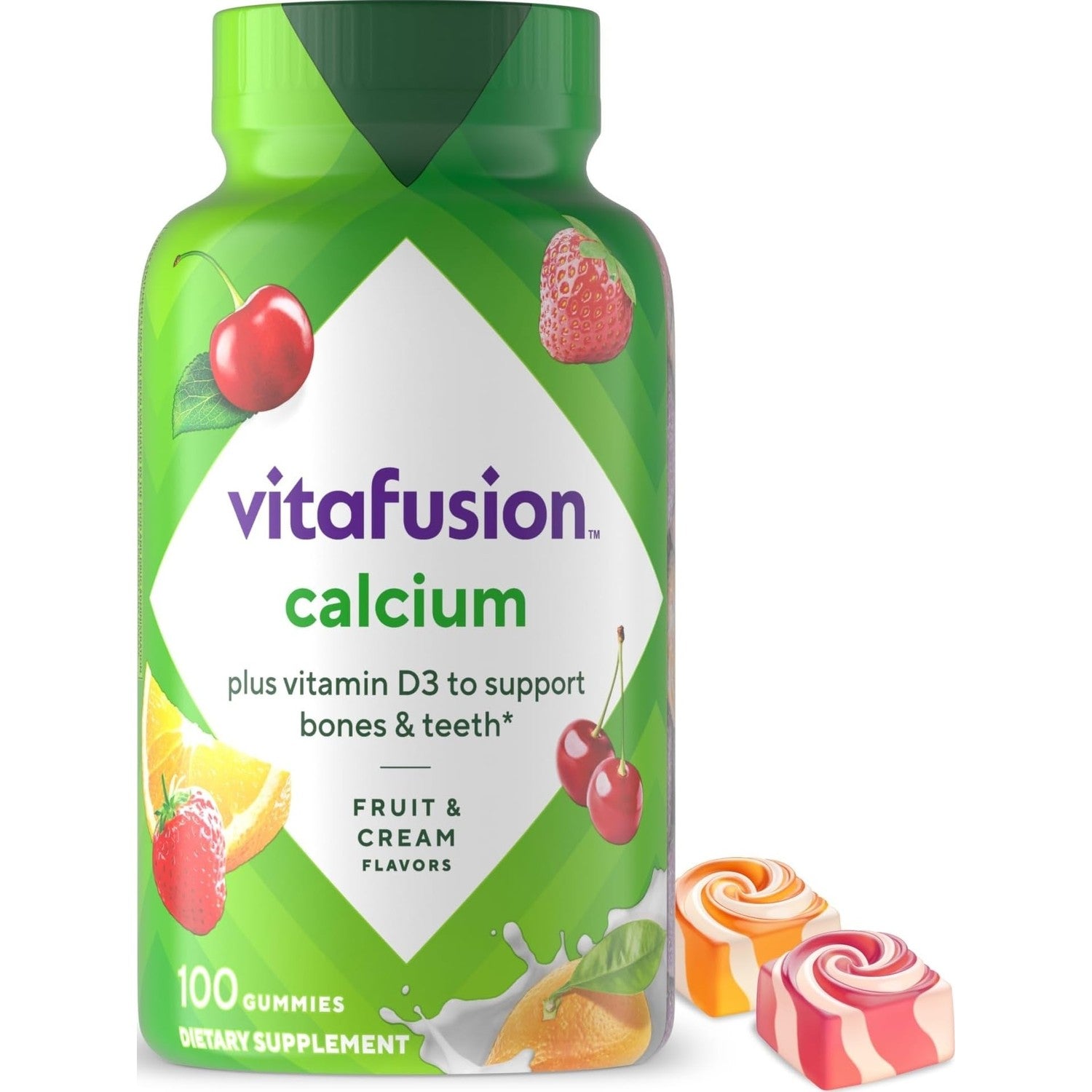 Vitafusion Calcium Gummies | 500 mg | 100 Adult Gummy Vitamins | for Women and Men | with Vitamin D3 | Fruit & Cream Flavors | Gluten and Dairy Free Bone and Teeth Supplement