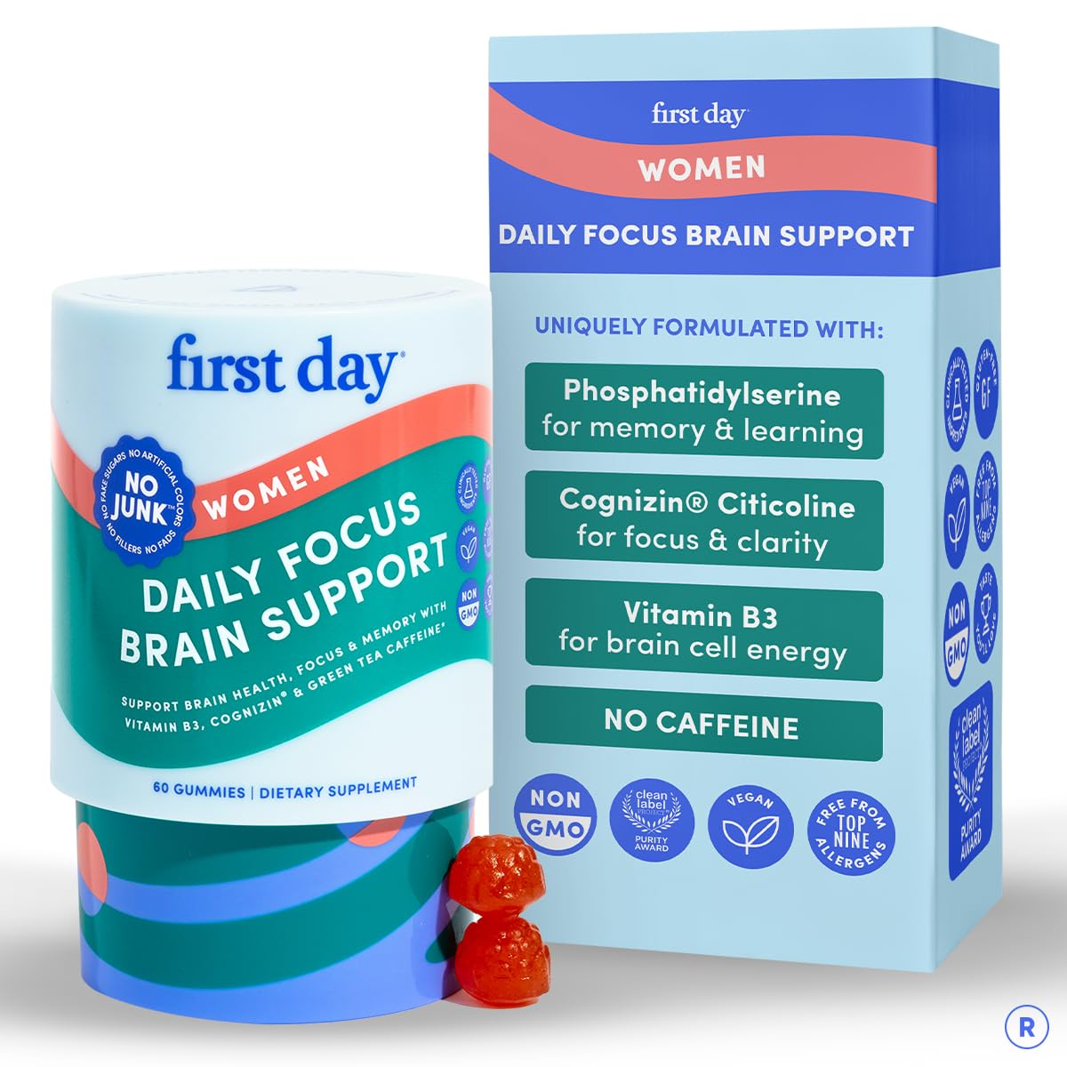 Teen Focus Gummies with Cognizin Citicoline, PS & Vitamin B3 for Ages 13-18 | Brain gummies for teens with Cognizin® citicoline and phosphatidylserine; caffeine-free choline gummies for focus and memory