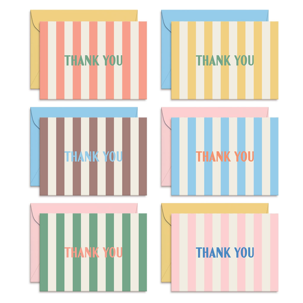 S&O Summer Stripes Thank You Cards – Set of 24 Blank Cards with Envelopes – 6 Colorful Designs (4 of Each) – 4x5.5" Flat Note Cards – Pastel Pink, Blue & Yellow Envelopes – Thick Paper