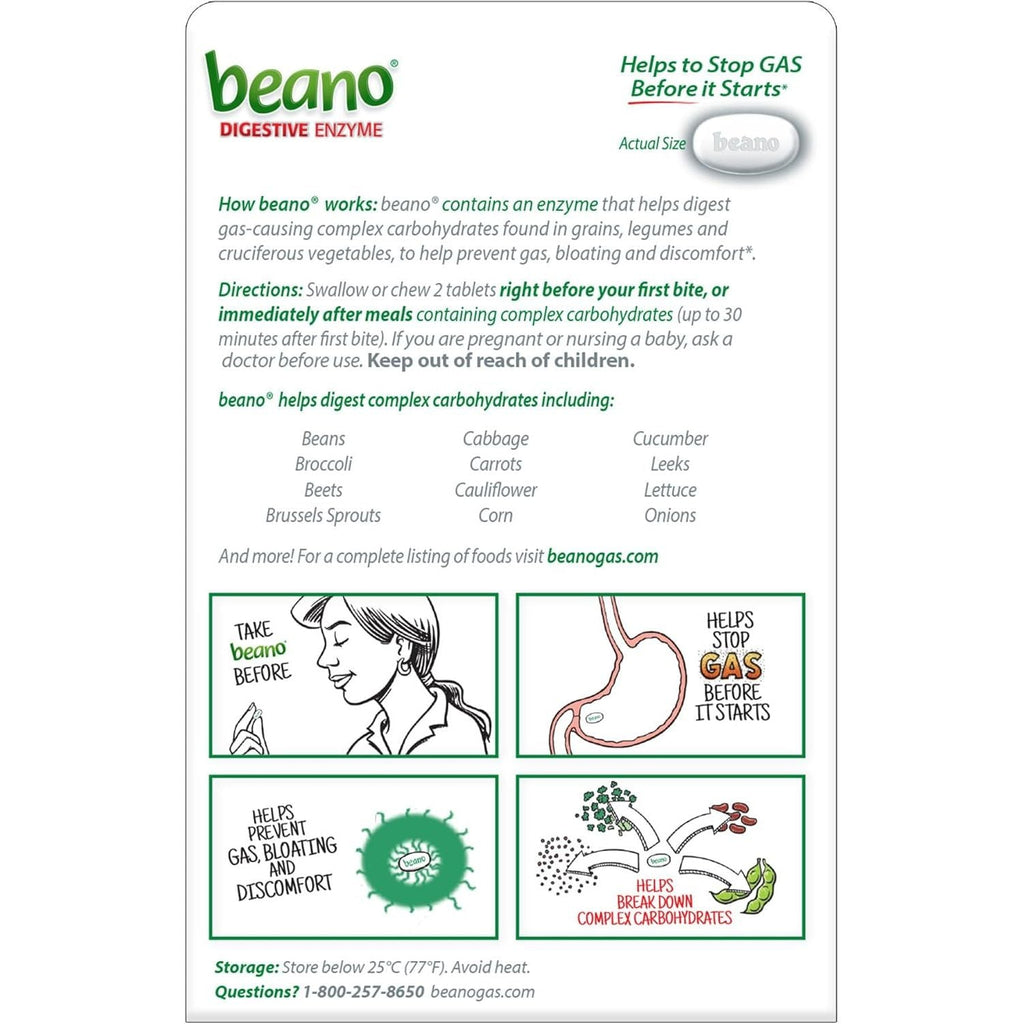 Buy now Beano Digestive Enzyme, Preventive Gas Relief for Adults, Helps Prevent Gas & Bloating, 100 Tablets at indiglob india