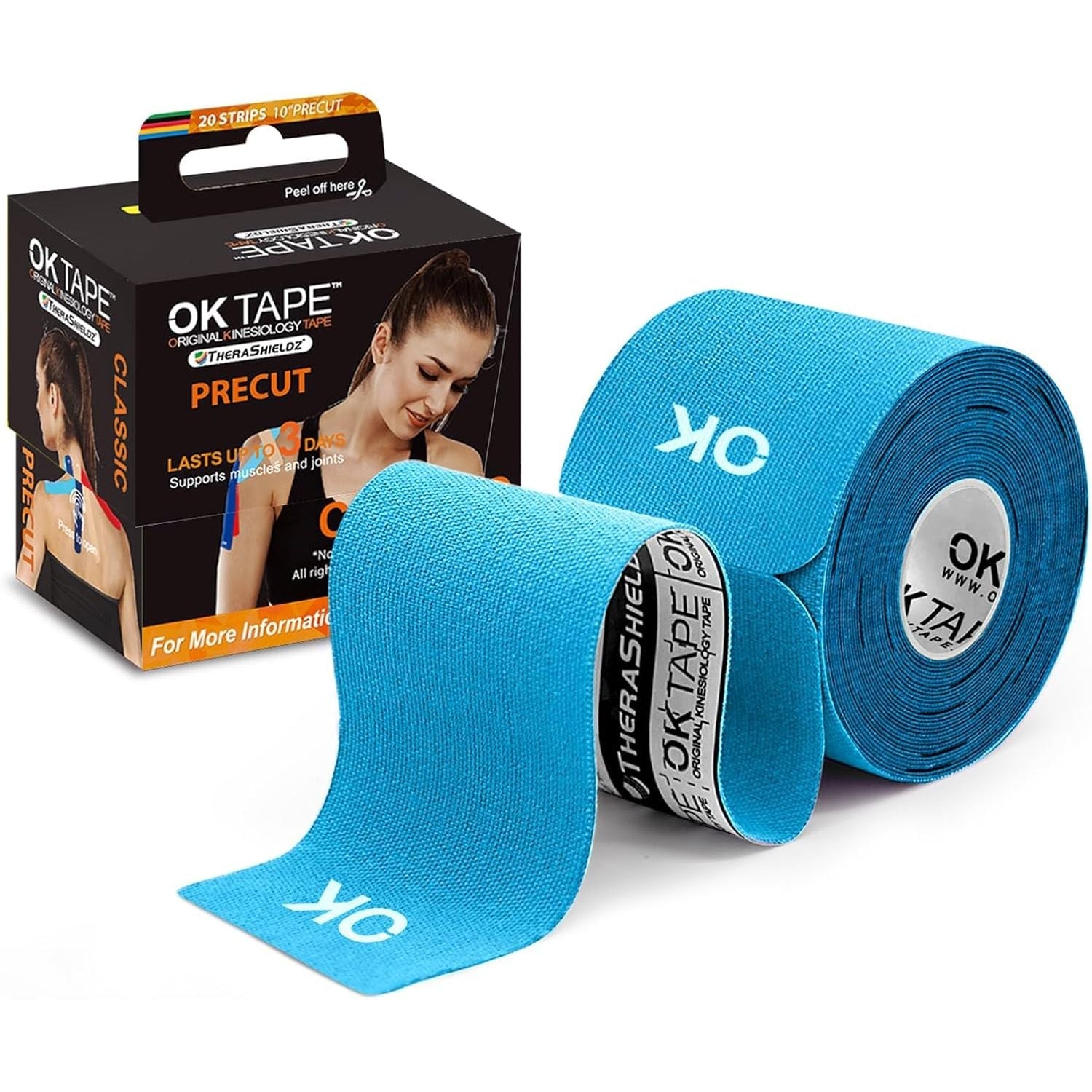 Buy now OK TAPE Kinesiology Tape 10 inches Precut, 20 Strips, Cotton Elastic Athletic Tape Latex Free, 2in x 16ft, Black 20 Count (Pack of 1) Light Blue at indiglob india