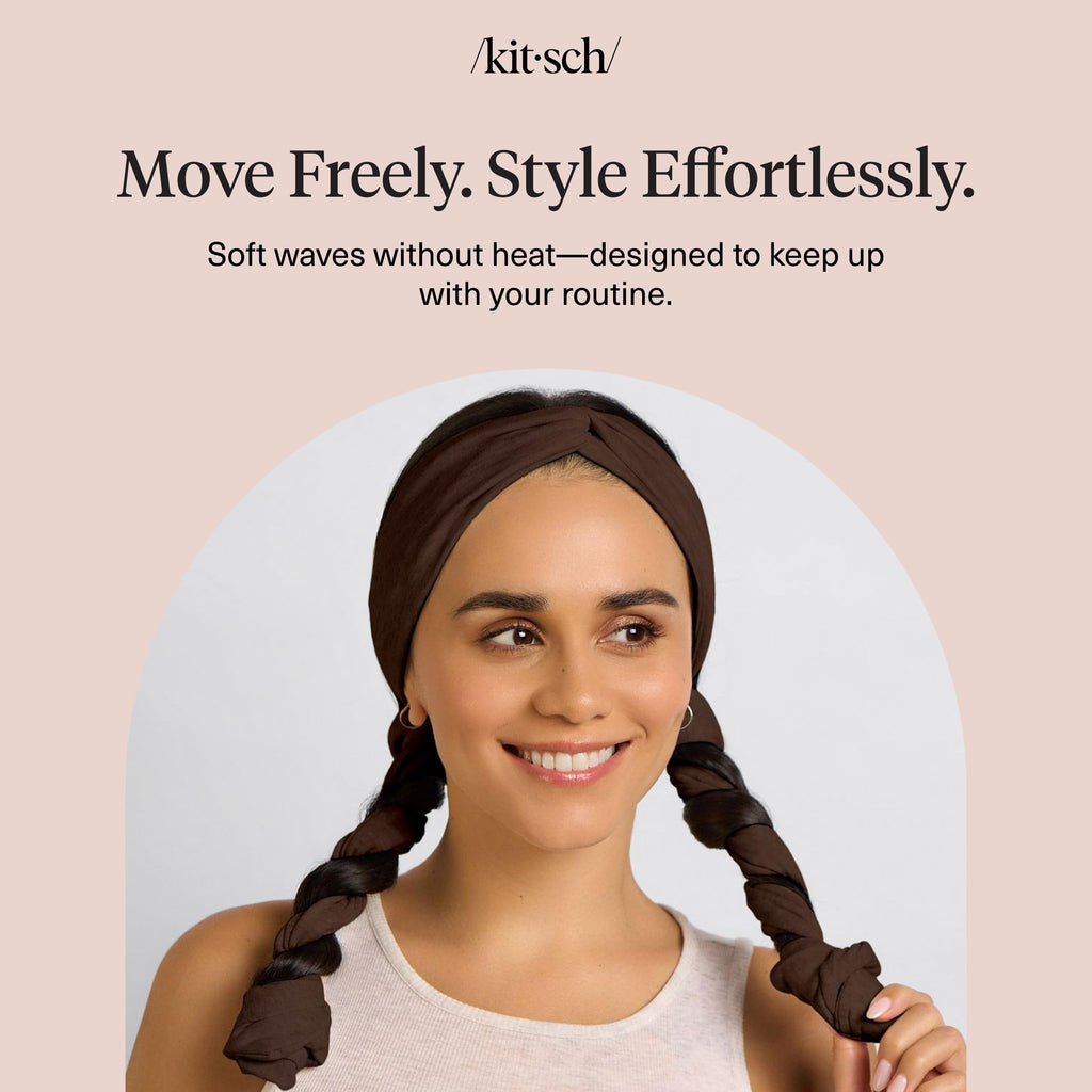 Kitsch Set & Flow Active Heatless Curling Headband For Women - Brown, 1pc | Soft, Breathable Cotton Head Bands For Women's Hair – Stretchy Fit, Achieves Curls Overnight – Gym-To-Glam In Minutes
