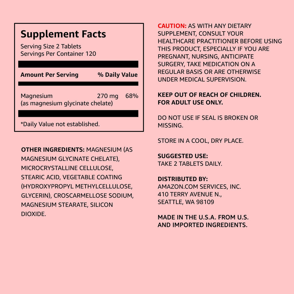 Amazon Elements - Chelated Magnesium, 240 Tablets, 270 mg per Serving, as Magnesium Glycinate Chelate, Vegan (Pack of 2)