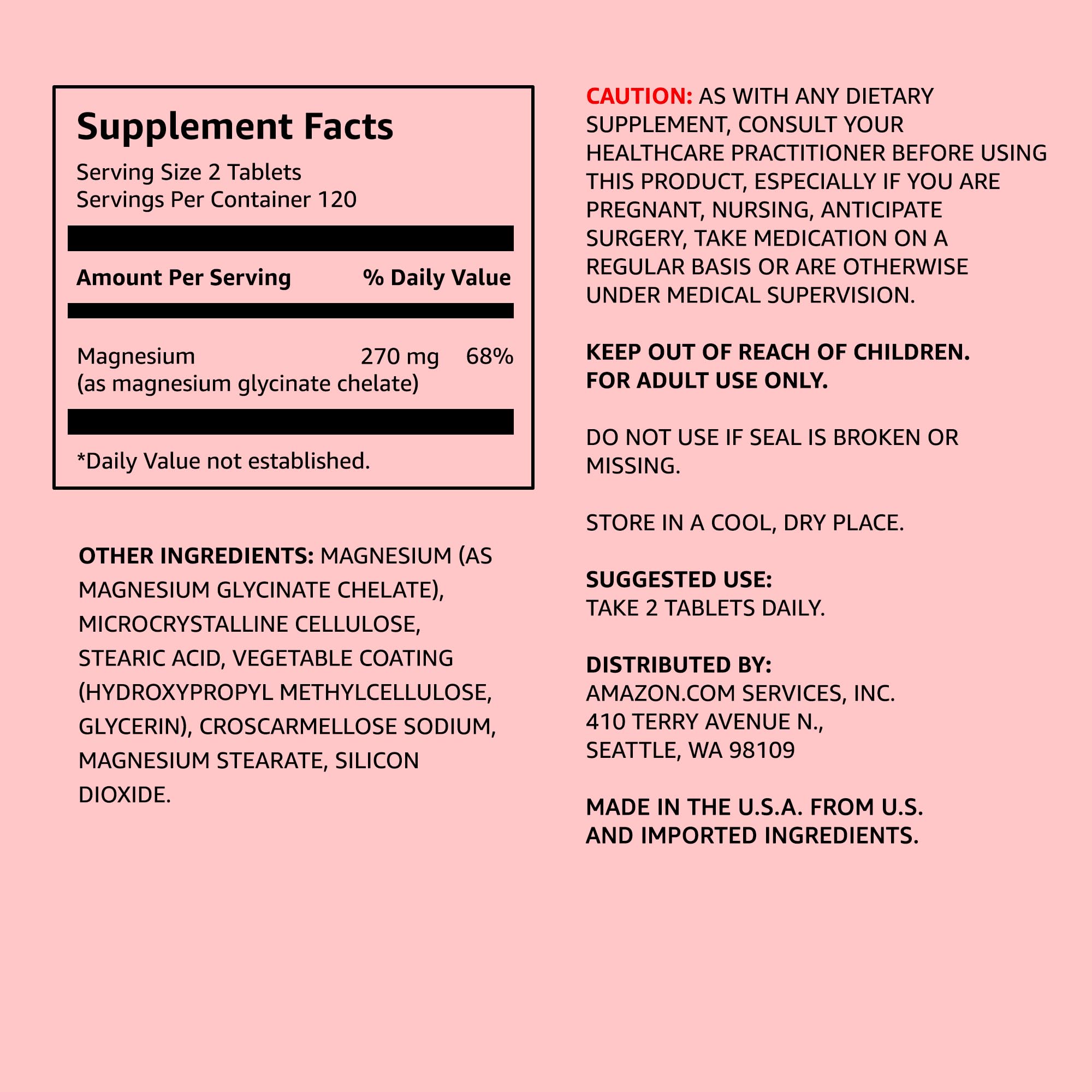 Amazon Elements - Chelated Magnesium, 240 Tablets, 270 mg per Serving, as Magnesium Glycinate Chelate, Vegan (Pack of 2)
