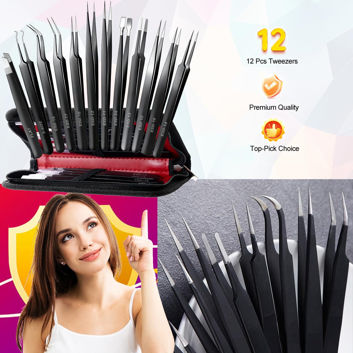 Antonki 12-in-1 Precision Metal Tweezers Set with Leather Case | High Quality, 1.5mm Thick, Strong Hardness, Rustproof, Anti-Static, Tips Cover, Complete Set, Portable Design