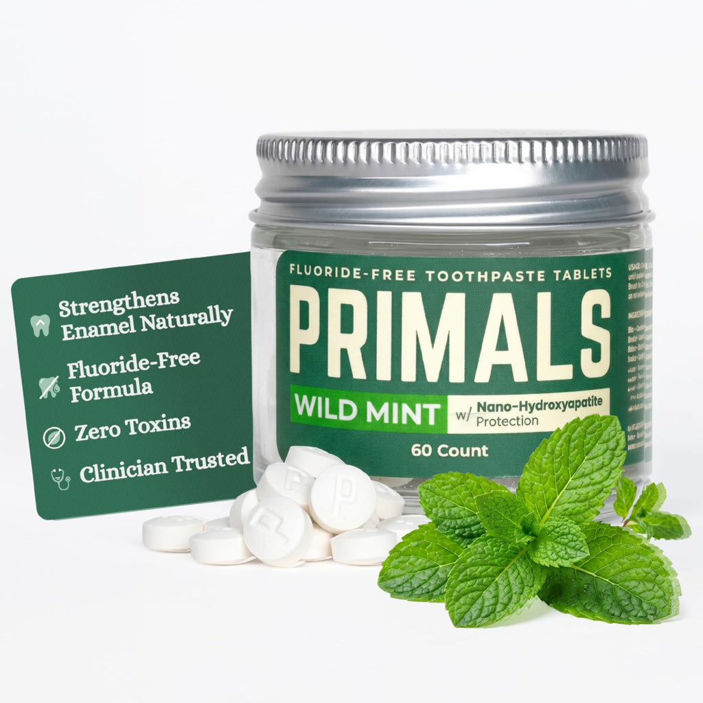 PRIMALS Fluoride-Free Toothpaste Tablets - Nano Hydroxyapatite - Zero Artificial Flavors or Plastic - Remineralizes & Whitens Teeth - 60 Count (1 Month Supply)