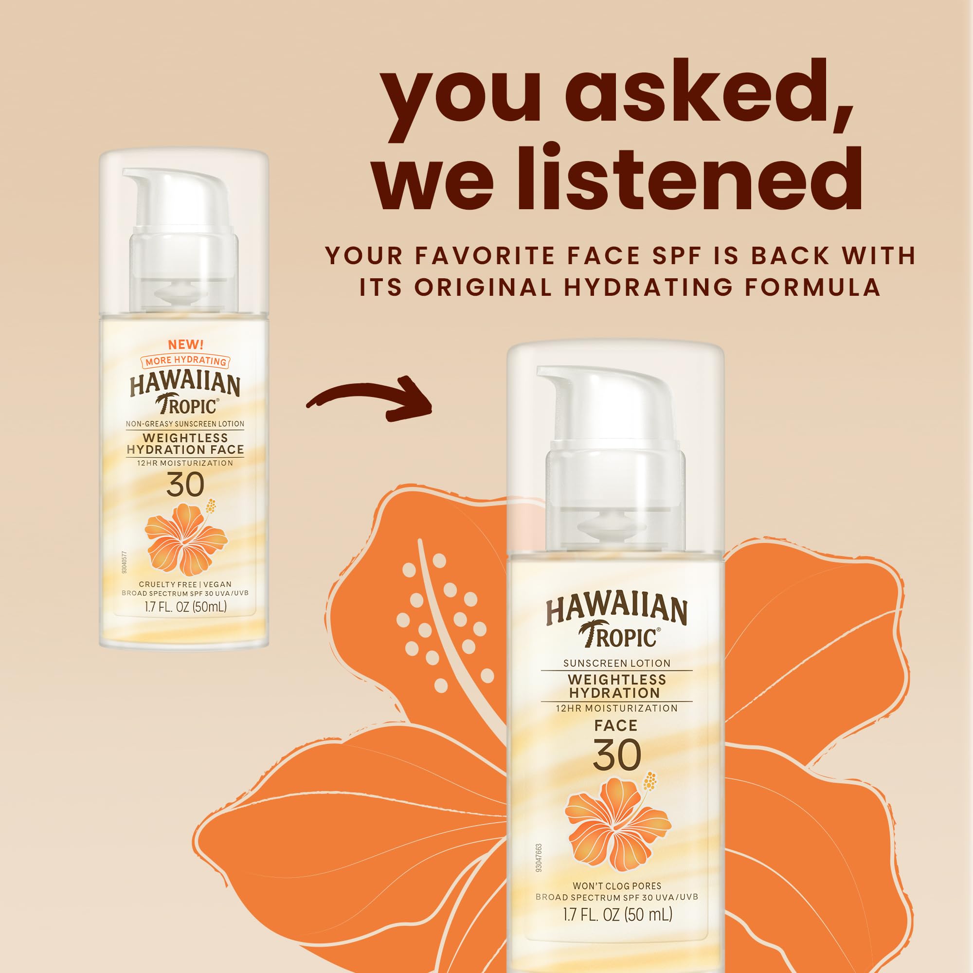 Hawaiian Tropic Weightless Hydration SPF 30 Face Sunscreen, 1.7 Fl Oz | Lightweight hydrating lotion, Travel size sunscreen for face, Non-comedogenic sunblock, Layers under makeup