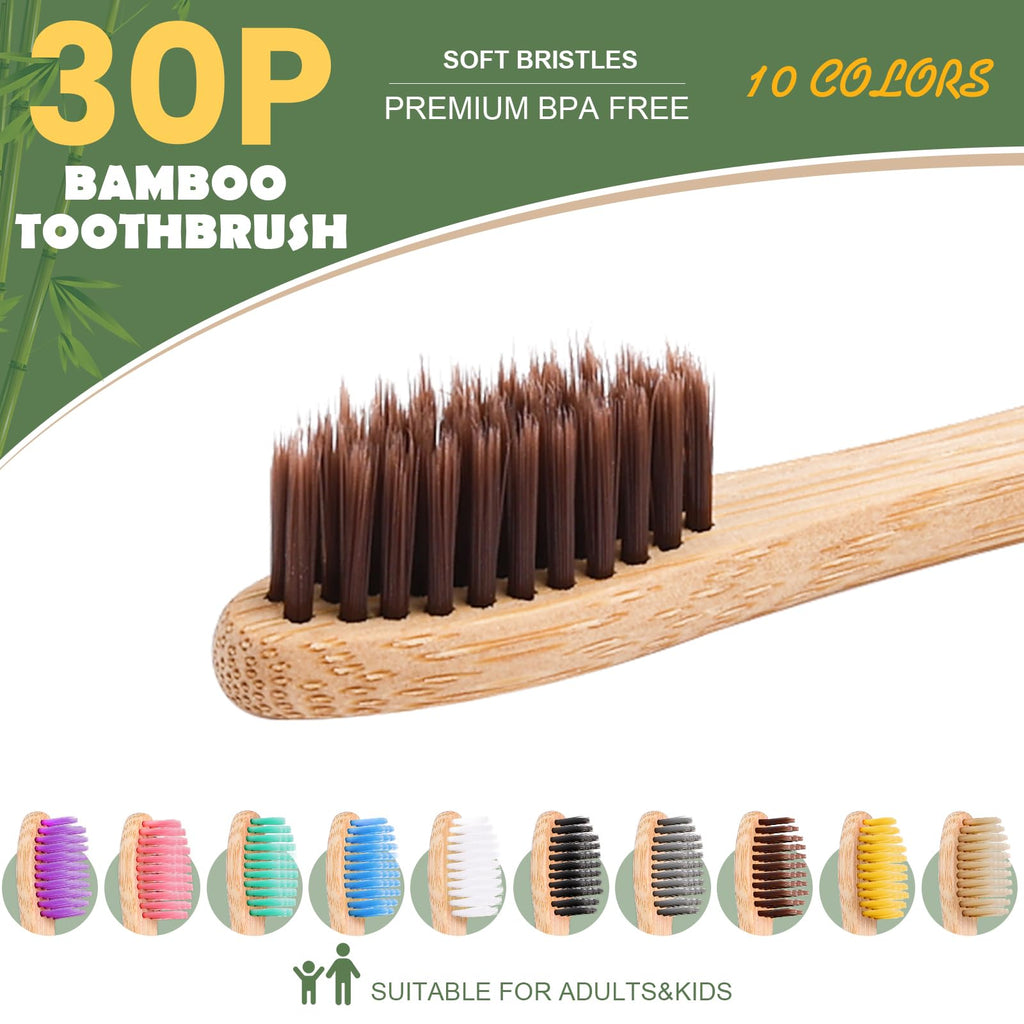 30 PCS Bamboo Toothbrushes, Individually Wrapped Wooden Toothbrushes Bulk