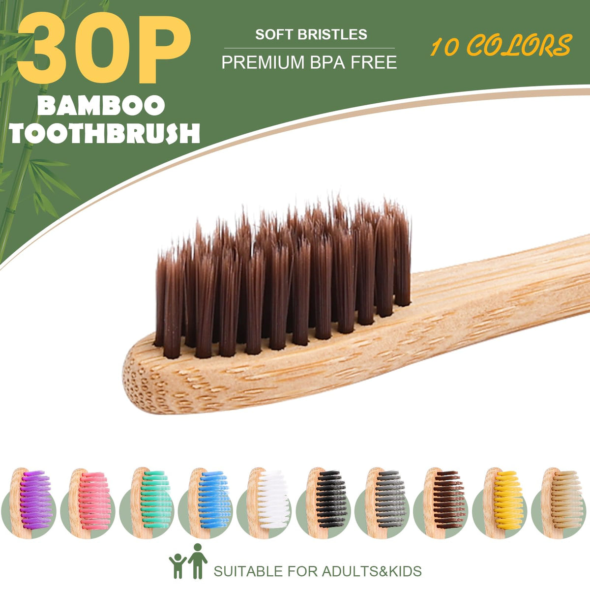 30 PCS Bamboo Toothbrushes, Individually Wrapped Wooden Toothbrushes Bulk