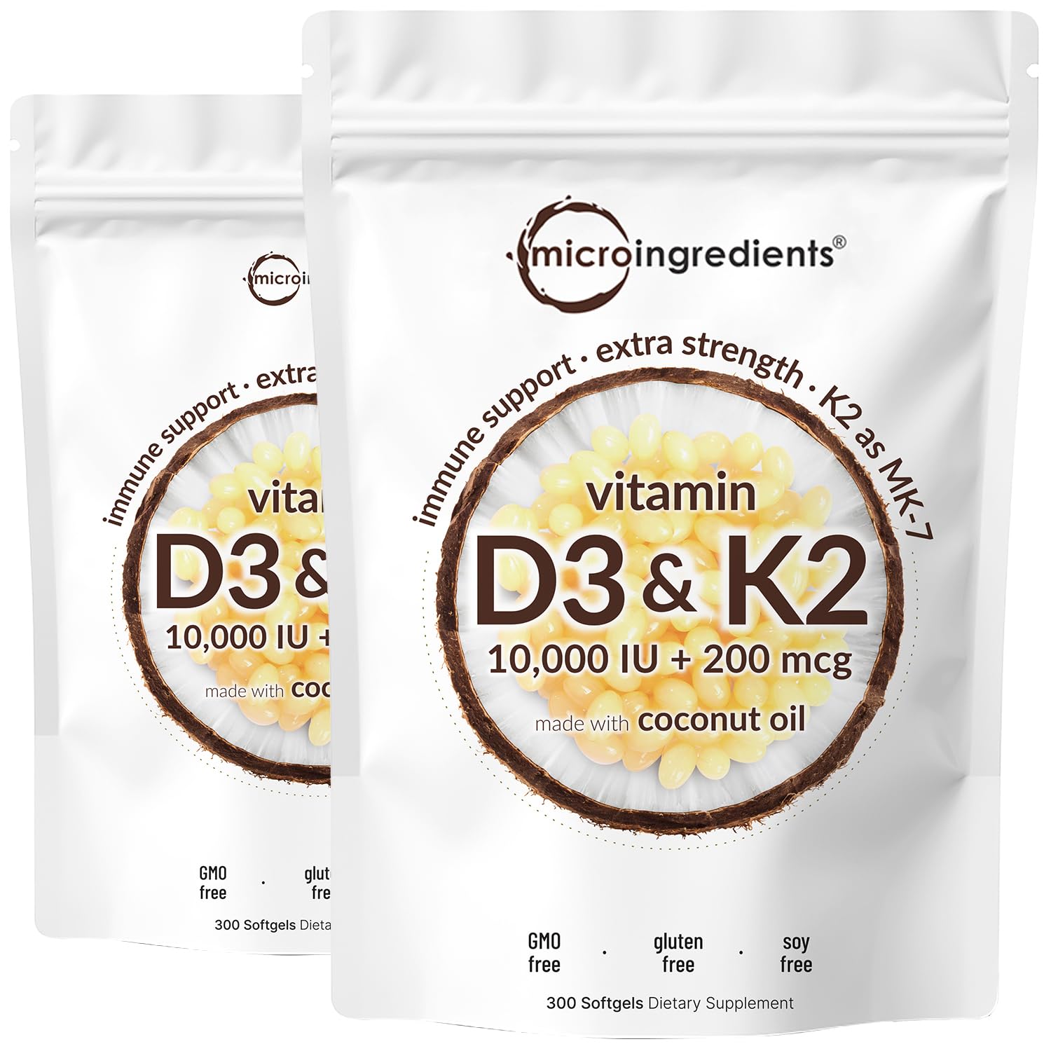 Micro Ingredients Vitamin D3 K2 MK-7 10,000 IU Per Serving, 300 Softgels | Made with Virgin Coconut Oil, K2 200 mcg Per Serving. D3 & K2 Vitamin Supplement. Easy-to-Swallow. Non-GMO, Gluten Free.