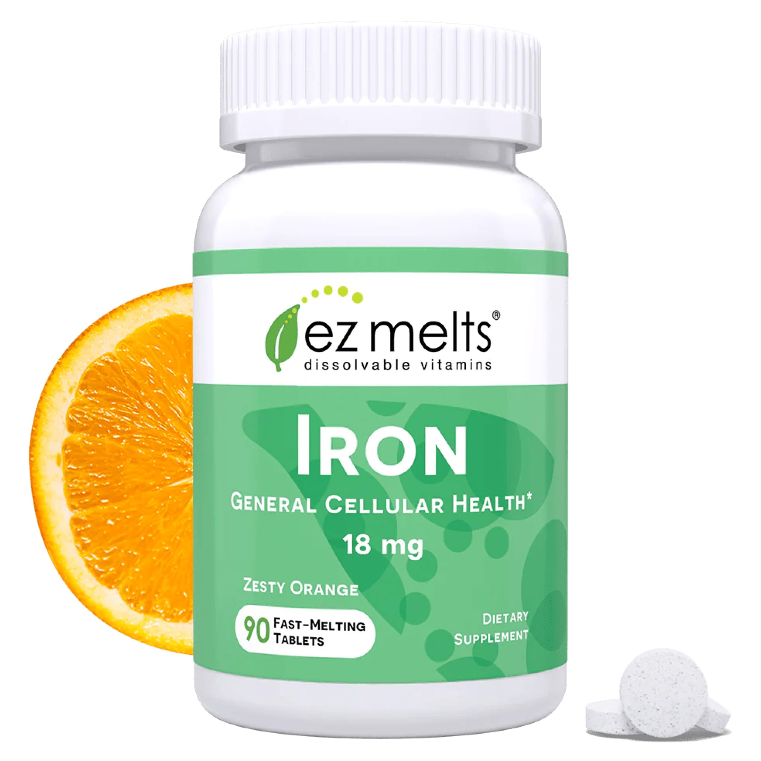 EZ Melts Iron - Supplement for Daily Energy & Iron Support - with Vitamin C - No Artificial Flavors - Non-GMO & Vegan - Zesty Orange - 180 Dissolvable Tablets (180 Servings)