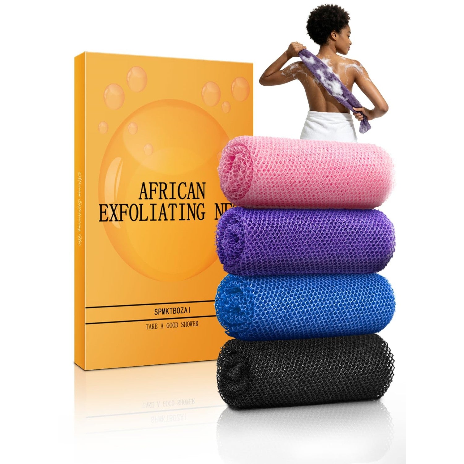 SPMKTBOZAI 4 Pack African Net Sponge, African Exfoliating Net for Body | Extra Long Stretchable African Wash Cloth Reaches Back| Gentle Body Scrubber| Daily shower for Exfoliating| Quick Dry