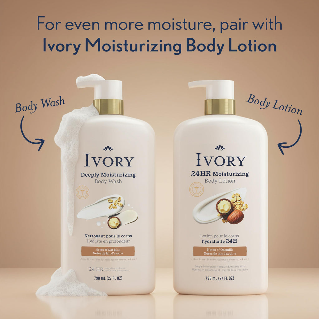 Ivory Body Wash, Deeply Moisturizing, 24hr Nourishing Hydration, Soothes Itchy Dry Skin, Made with Shea Butter Blend, Free of Dyes Heavy Perfumes Parabens & Phthalates, Oatmilk Scent, 27 oz