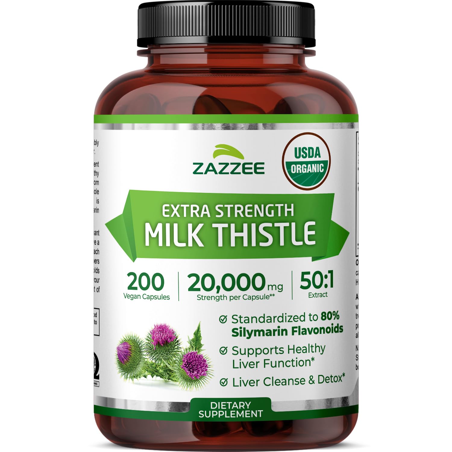 Zazzee USDA Organic Milk Thistle 50:1 Extract, 120 Vegan Capsules | 80% Silymarin Flavonoids, 4 Month Supply, Silybum Marianum, Liver Support & Detox Support, All-Natural, Non-GMO, Made in USA