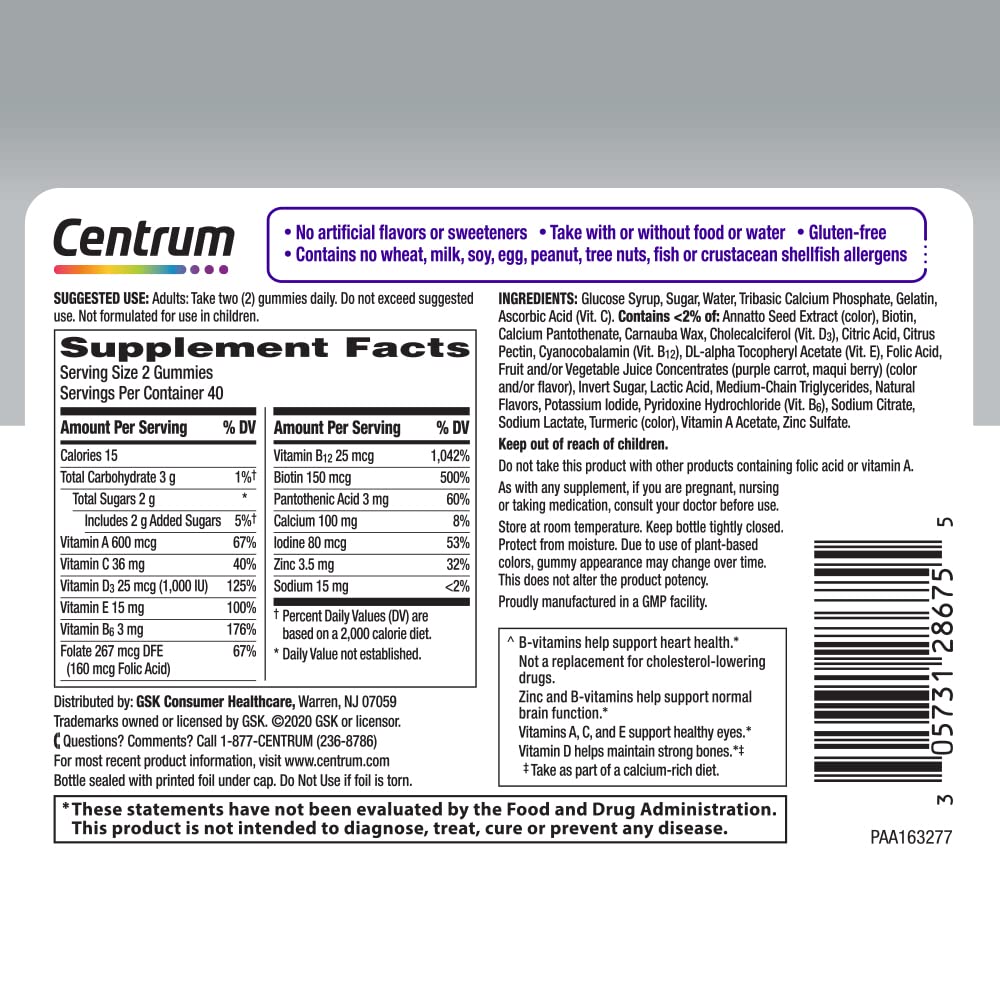 Centrum MultiGummies Gummy for Women 50 Plus, with Vitamin D3, B6 and B12, Multivitamin/Multimineral Supplement - 80 Count