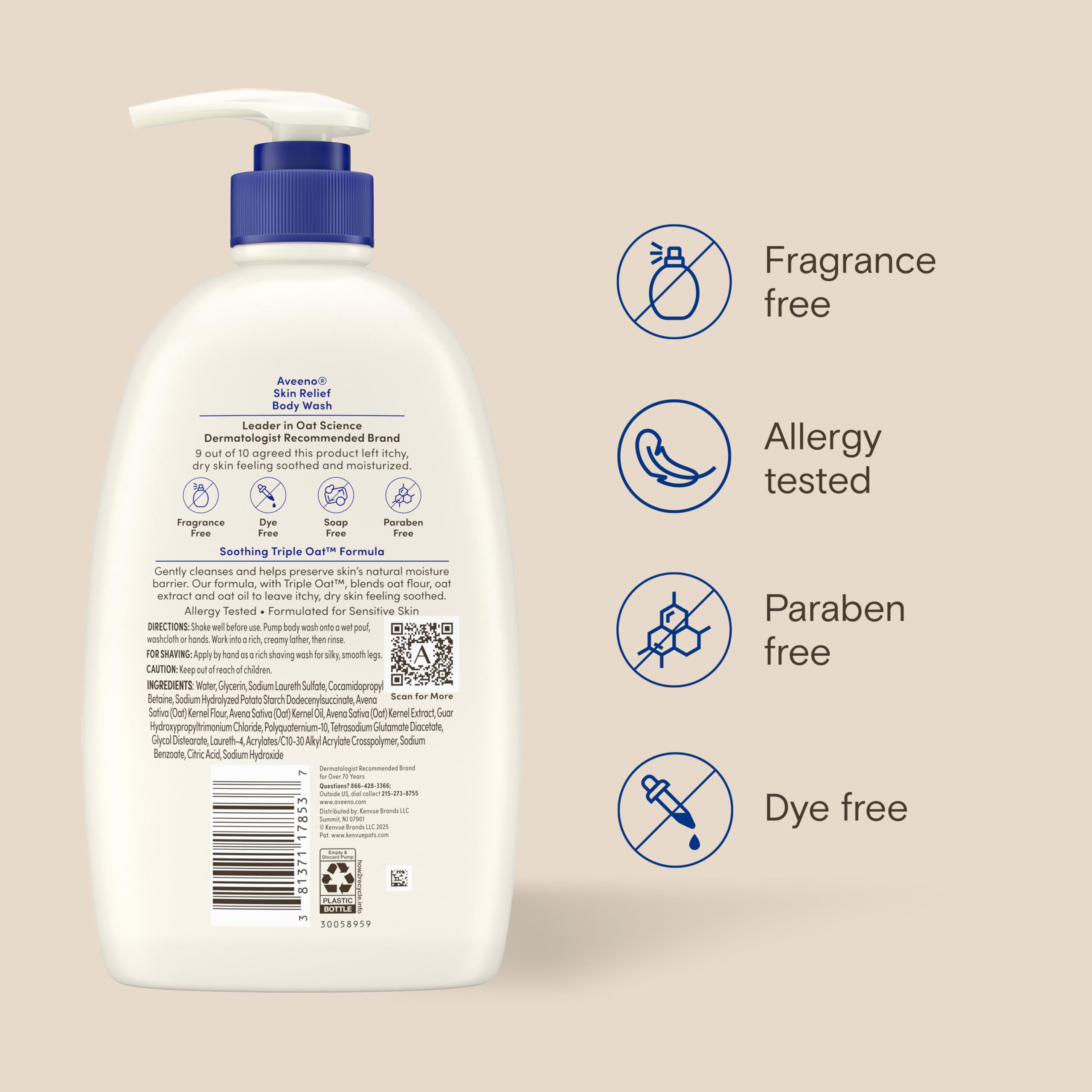 Aveeno Skin Relief Body Wash with Triple Oat Complex, Fragrance-Free, Gentle Daily Body Wash for Sensitive Skin Leaves Itchy, Dry Skin Feeling Soothed & Moisturized, Value Size 33 Fl Oz