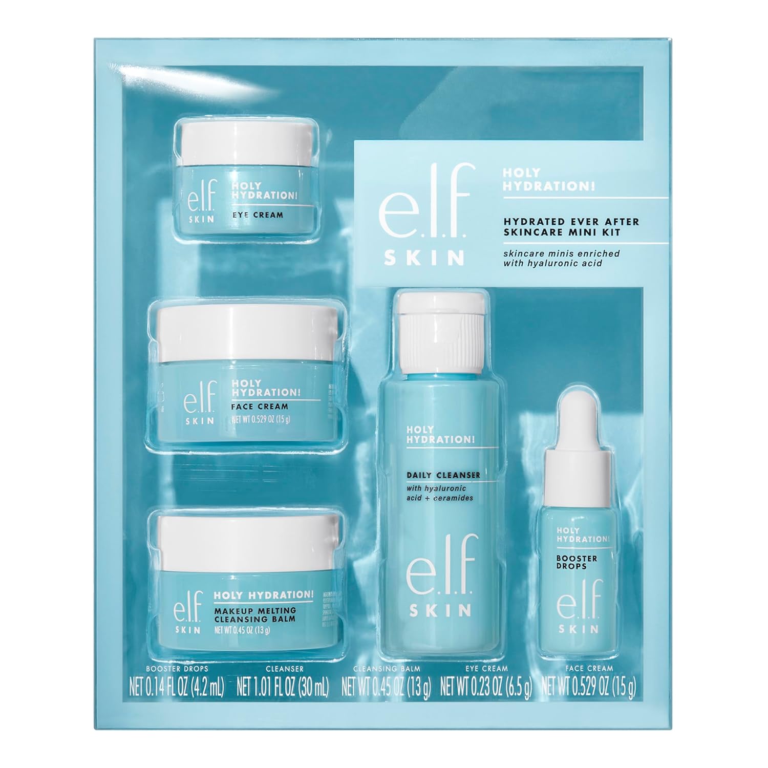 Buy now e.l.f. SKIN Holy Hydration! Hydrated Ever After Skincare Mini Kit, Cleanser, Makeup Remover, Moisturizer & Eye Cream For Hydrating Skin, Airplane-Friendly Sizes Default at indiglob india