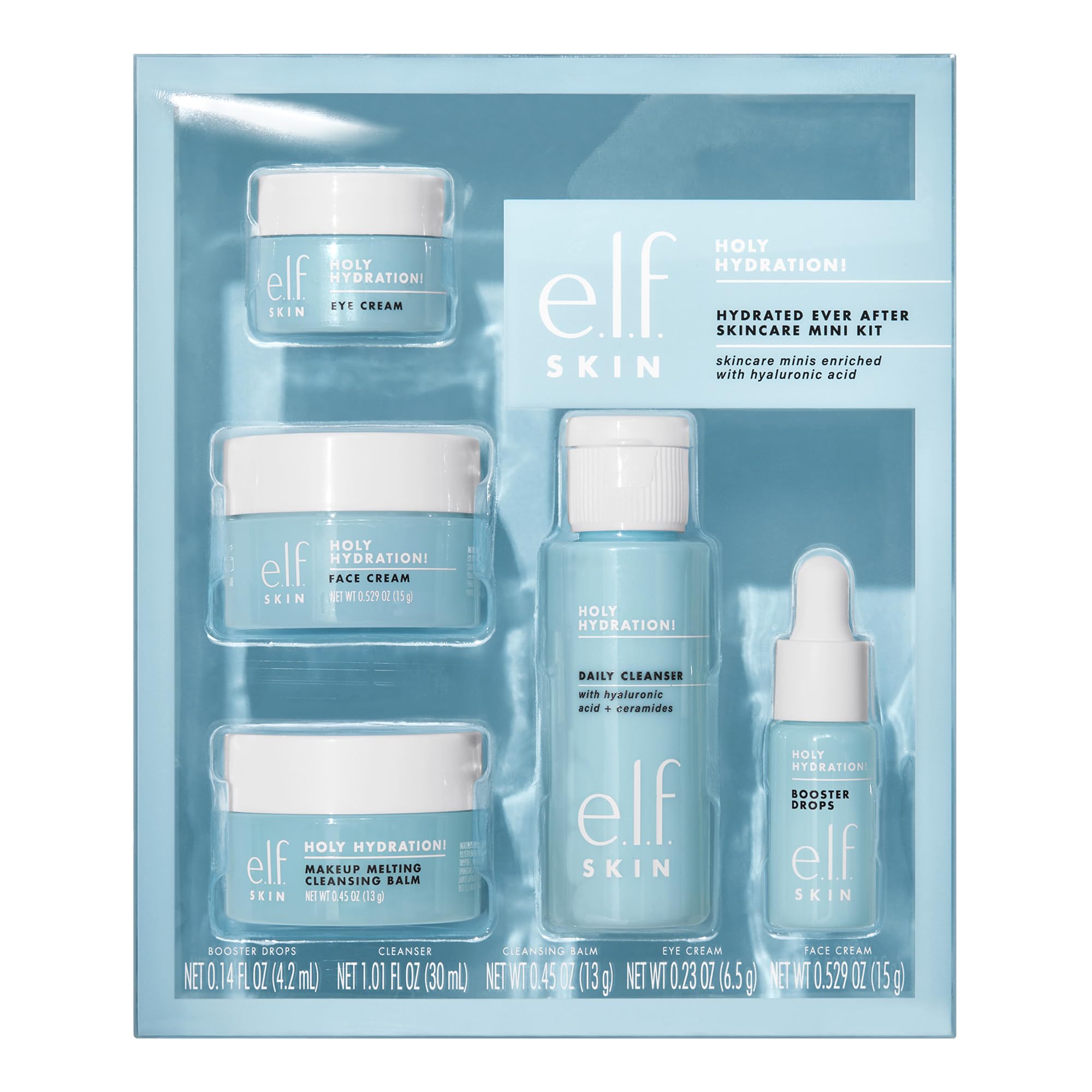 e.l.f. SKIN Holy Hydration! Hydrated Ever After Skincare Mini Kit, Cleanser, Makeup Remover, Moisturizer & Eye Cream For Hydrating Skin, Airplane-Friendly Sizes