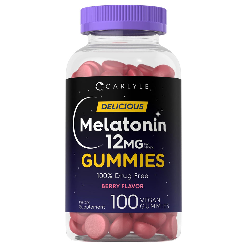 Carlyle Melatonin Gummies 12mg | 100 Count | Berry Flavor | Vegan Supplement | Non-GMO, Gluten Free