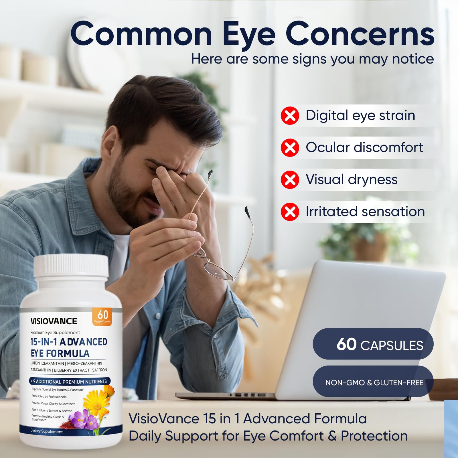 VisioVance 15 in 1 Advanced Eye Formula - Eye Vitamins Formula with All 3 Carotenoids, Lutein & Zeaxanthin, Bilberry Extract and Saffron, 60 Count(1)