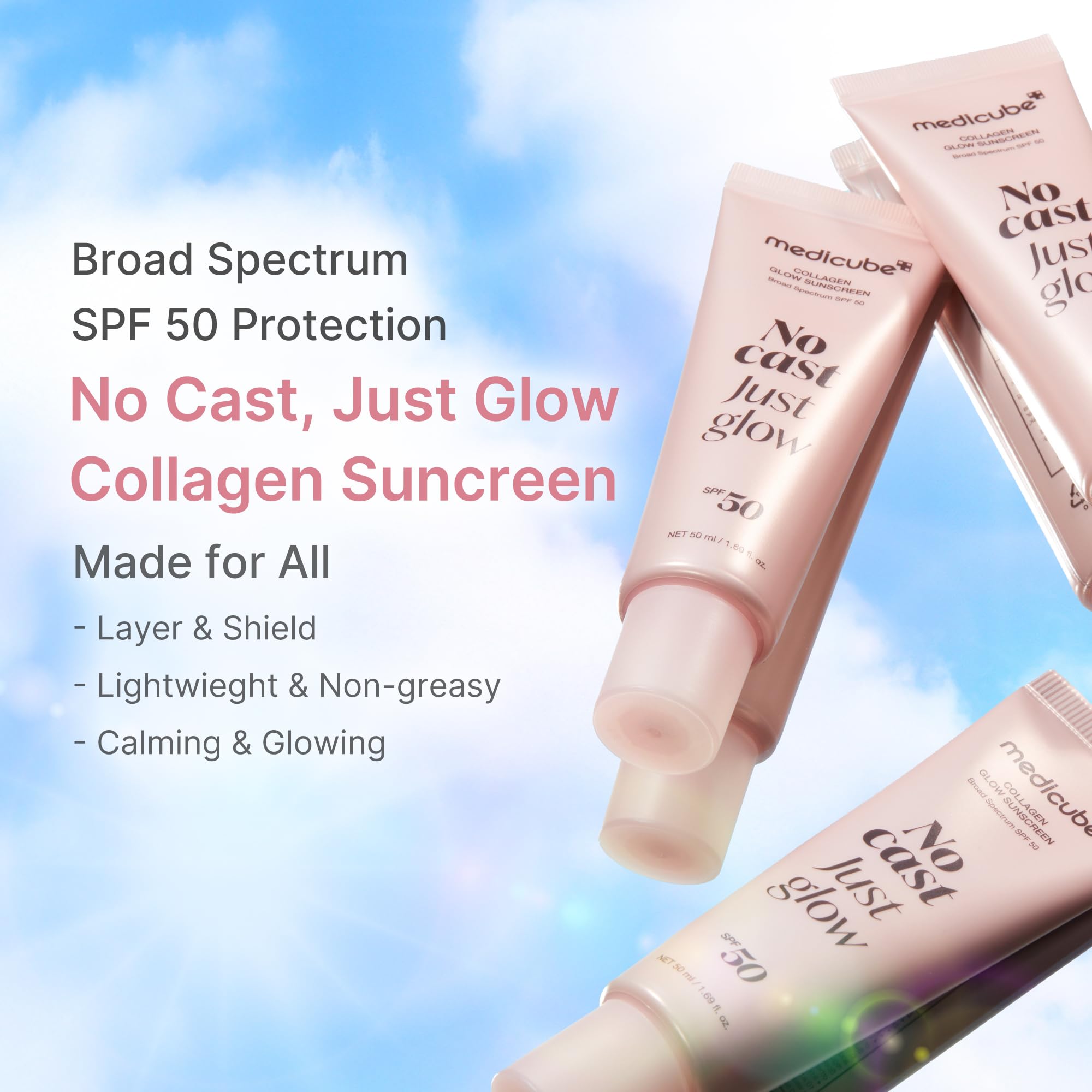 medicube Sunscreen No Cast Just Glow Collagen, SPF 50 | SPF 50 Hydrating Face Sunscreen - Lightweight & Non-Sticky Formula, Peptide & Cica for Soothing & Glow, Korean Skincare