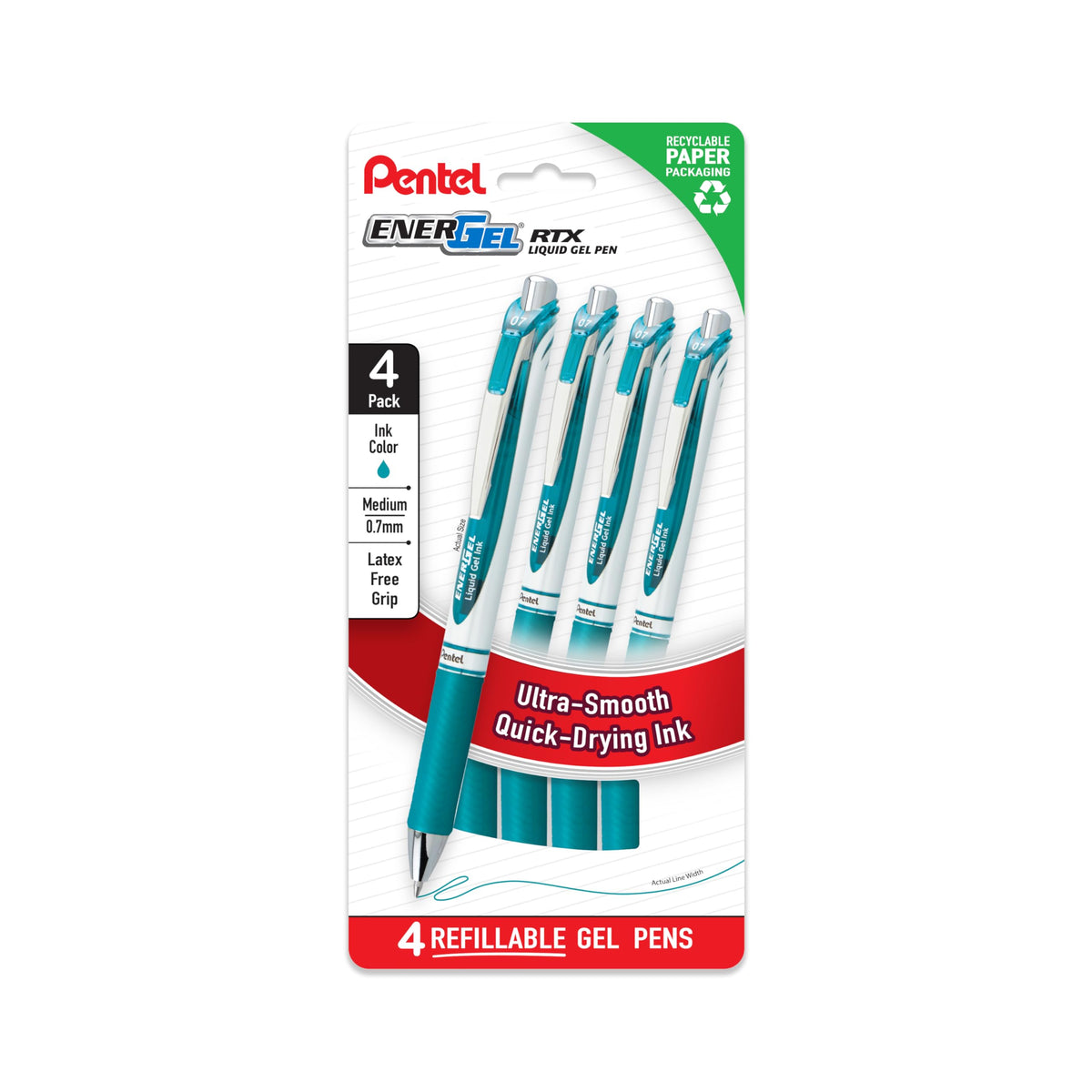 Pentel EnerGel RTX Liquid Gel Pens, Medium (0.7mm), Turquoise, 4-pk (BL77PF4S3)