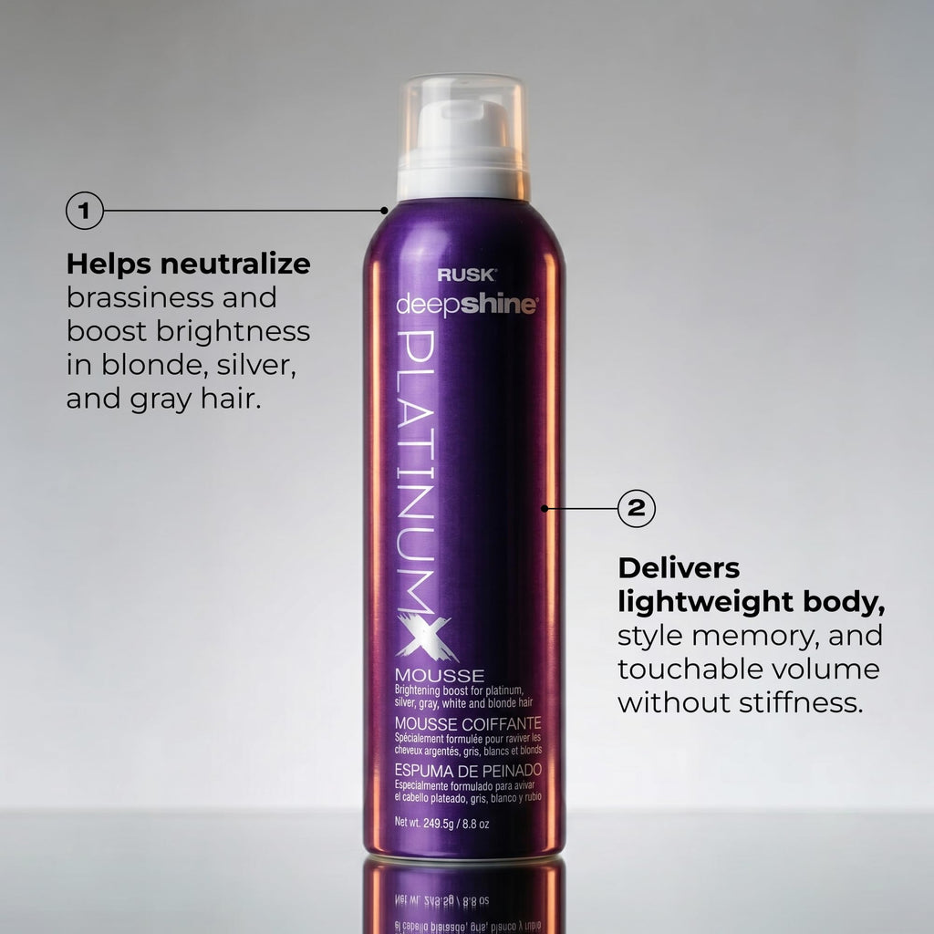 RUSK Deepshine PlatinumX Mousse, Lightweight, Alcohol-Free, for Platinum, Blonde, Gray, and Silver Hair, Enhances Body and Volume While Restoring Haircolor, 8.8 oz