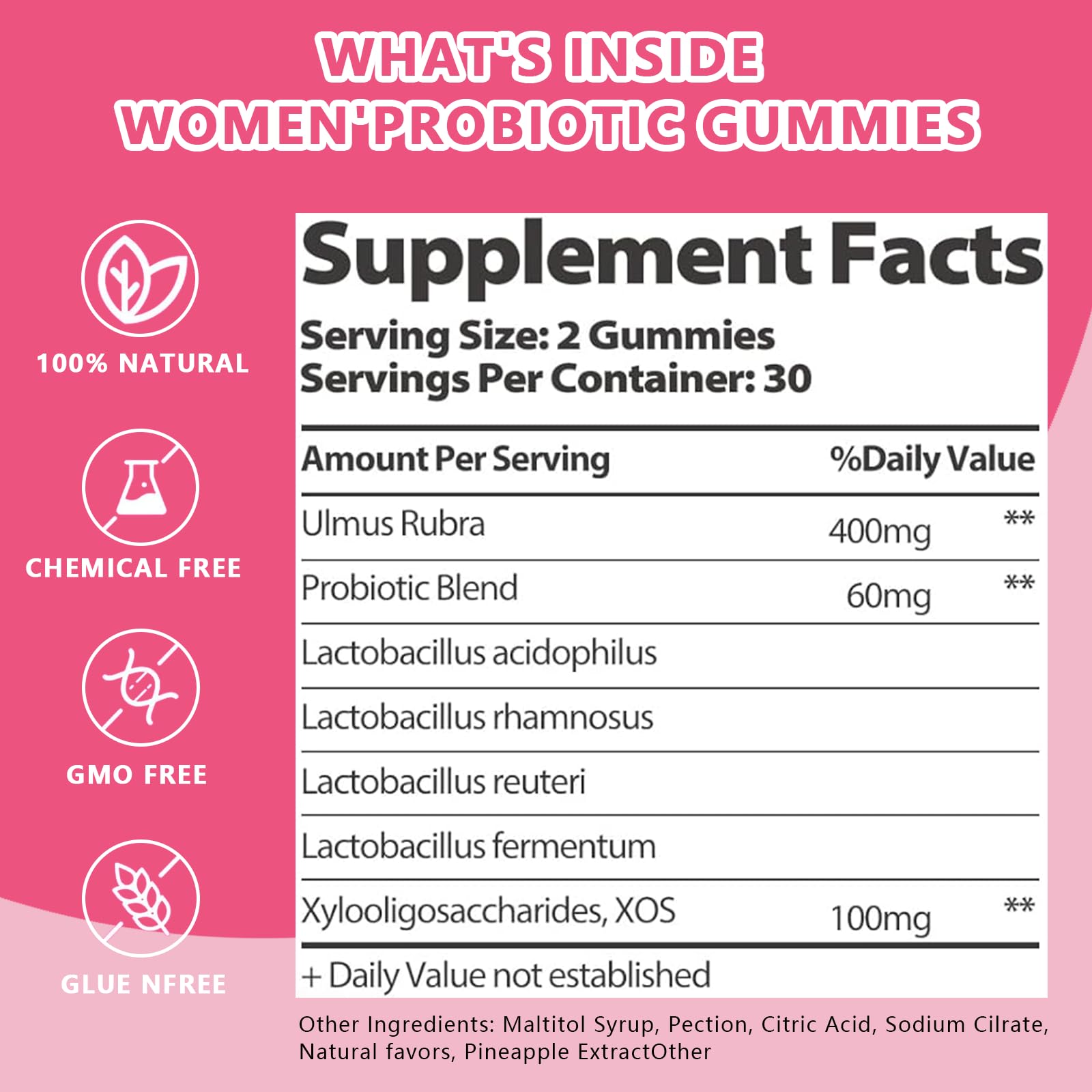 Feminine Vaginal Probiotics Gummies, Supports pH Balance & Digestive Health, Slippery Elm for Women, Suagr-Free, Veagn, Pineapple Flavor, 60 Count