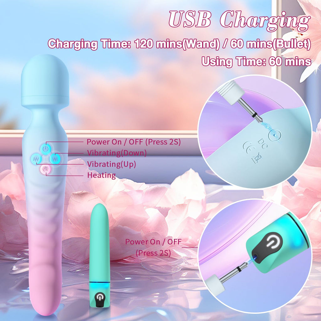 G Spot Vibrator Wand & Bullet Vibrator Set - Vibrators Sex Toys for Women, Clitoral Dildo with 7 Vibrating Modes, Waterproof Heating Wand Massager, Adult Sex Toy for Female and Couples