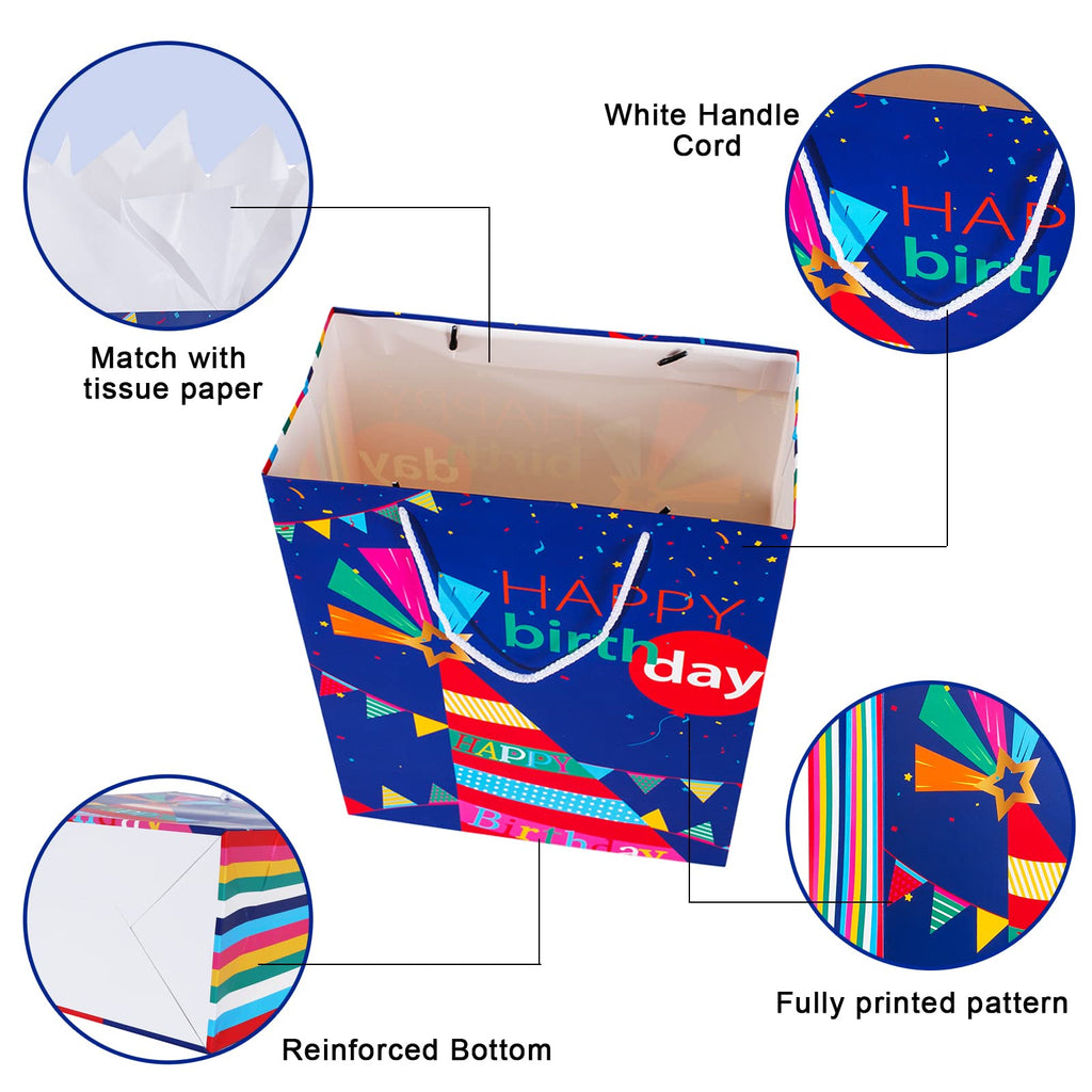 Birthday Gift Bag with Handle and Tissue Paper, 12 Pcs Gift Bags Assorted Sizes and Designs, Large, Medium, Small Size Birthday Gift Bag for Boys, Girls, 13”, 9” )