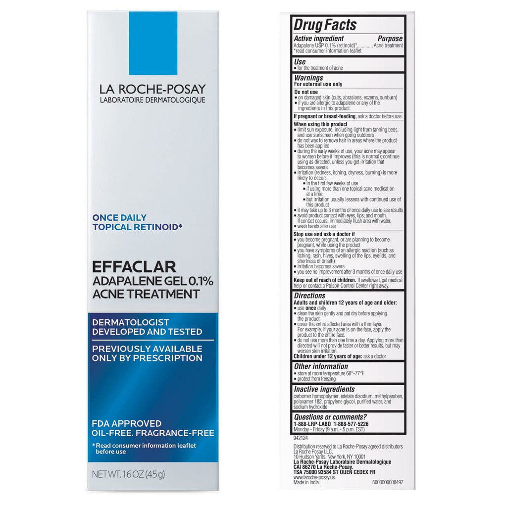 La Roche-Posay Effaclar Adapalene Gel 0.1% Acne Treatment, 1.6oz | Retinoid cream acne medication gel for blackheads and whiteheads. Oil free formula helps clear blemishes and clogged pores.