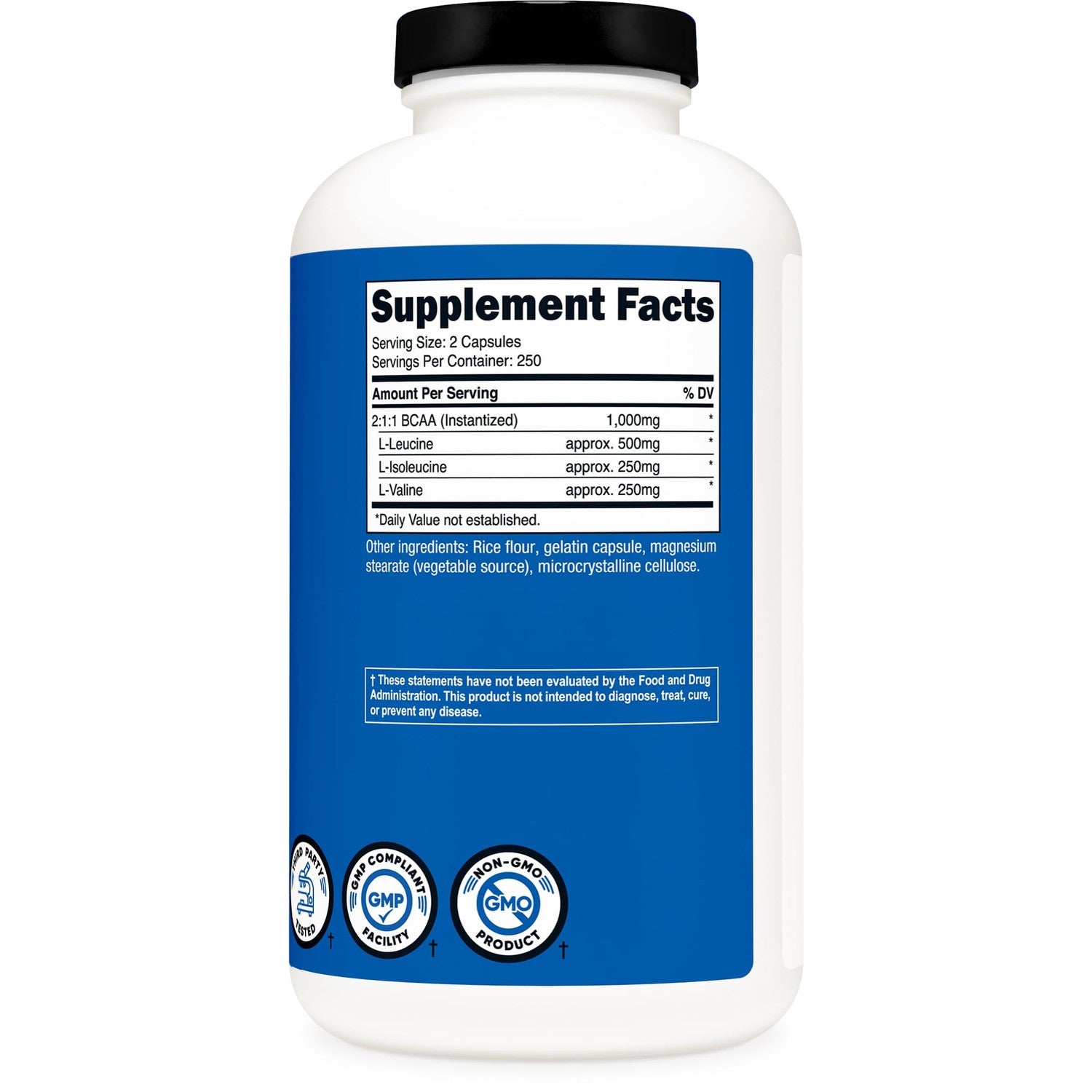 Nutricost BCAA 1000mg, 500 Capsules, 2:1:1 Branched Chain Amino Acids | 250 Servings, 500mg L-Leucine, 250mg L-Isoleucine, 250mg L-Valine