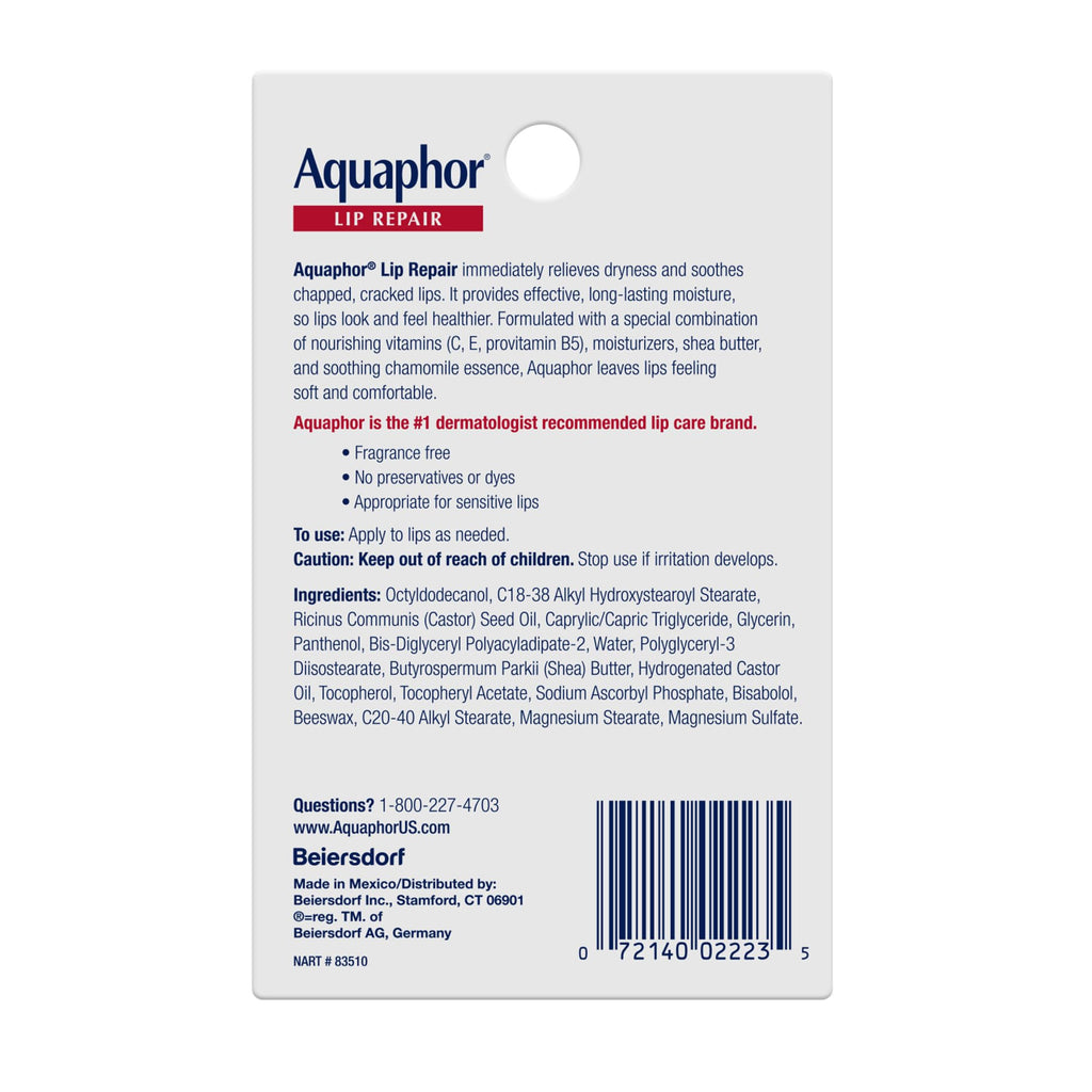 Aquaphor Lip Repair Ointment, Value Pack, 2 x 0.35 FL OZ | Lip Balm Moisturizer with Vitamins and Shea Butter, Immediate Severely Dry Lip Relief, Paraben and Fragrance Free