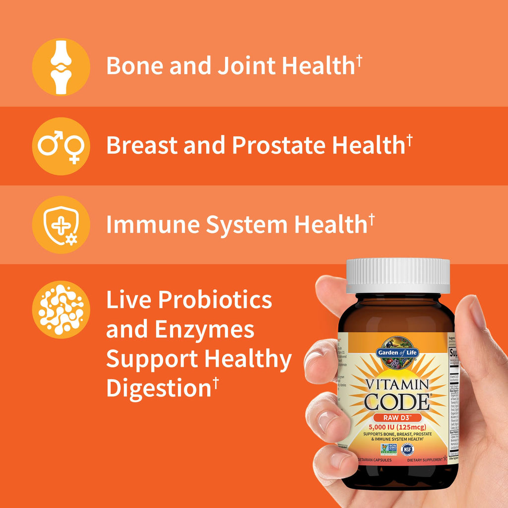 Garden of Life Vitamin D3 5000 IU, Raw Whole Food Supplements with Chlorella, Fruit, Veggies & Probiotics for Bone & Immune Health, 60 Vegetarian Capsules (Pack of 6)