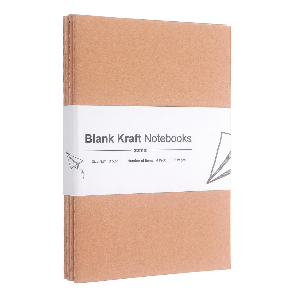ZZTX 4 Pack Blank Kraft Notebooks A5, 36 Pages, 8.3 X 5.5 Inch