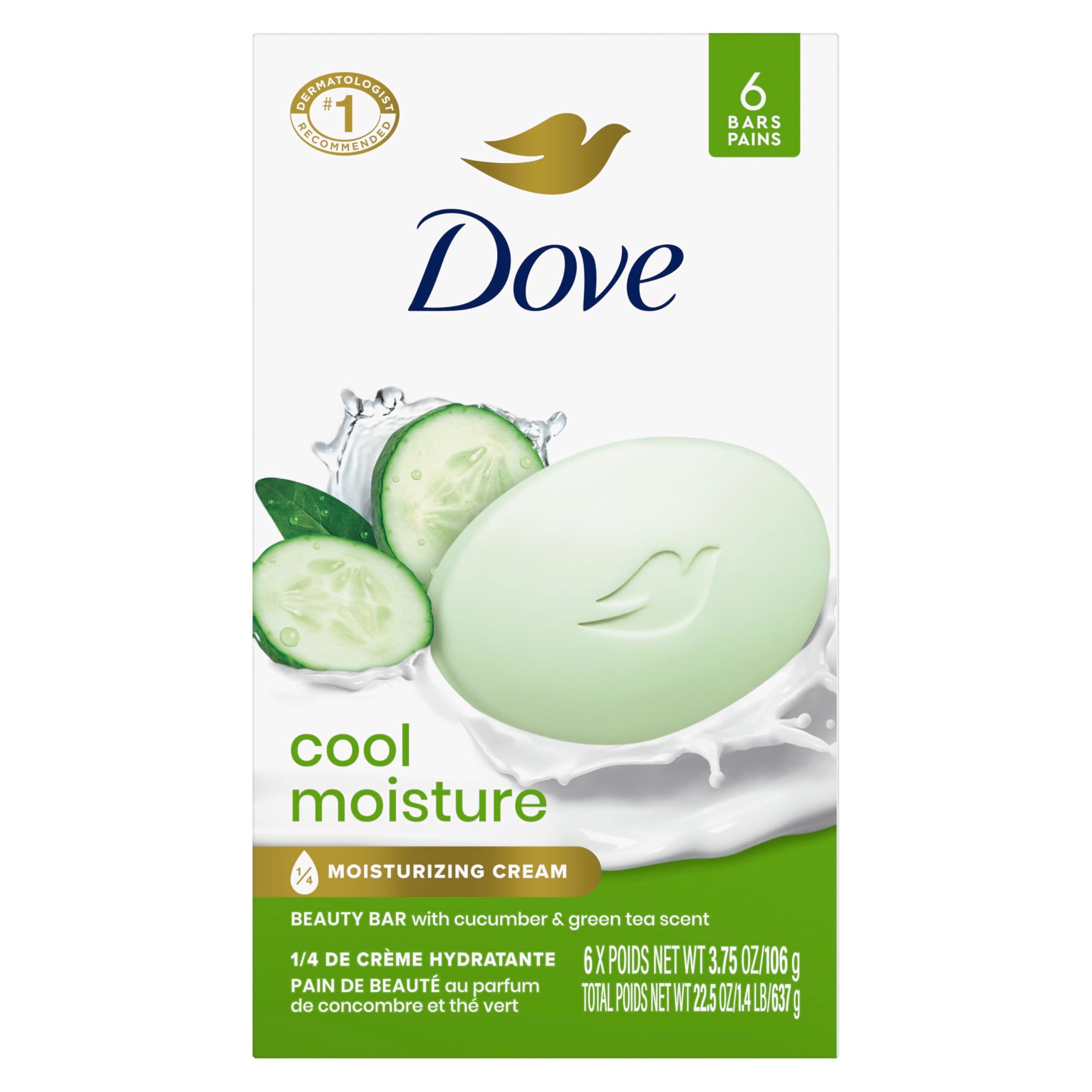 Dove Beauty Bar Soap Cool Moisture Cucumber & Green Tea Scent, 2 Bars for Refreshed Skin, Leaves Skin Refreshed 3.75 oz