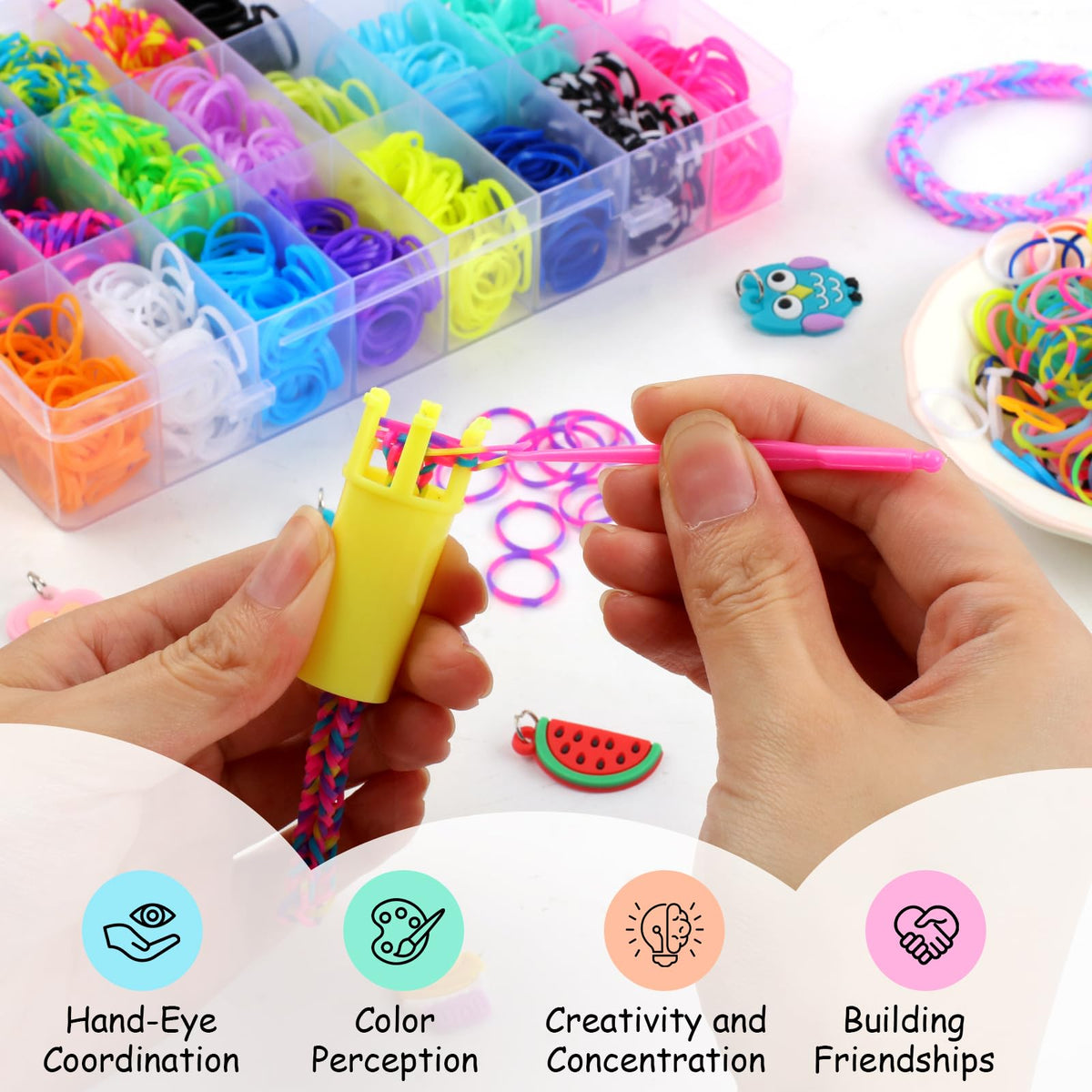 Phinus 2000+ Rubber Band Bracelet Kit, Loom Bracelet Making Kit with 1 Crown Loom, 100 S-Hooks, 5 Pendants, 1 Small Needle, 1 Instruction, Premium Rubber Bands for Weaving DIY Crafting Gift