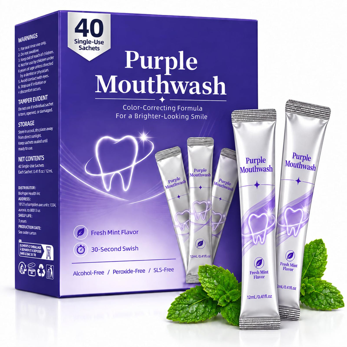 Purple Mouthwash Whitening Sachets 40 Pack, Color Correcting Mouthwash - Peroxide & Alcohol Free, Freshens Therabreath, Oral Care Supports, Mint Flavor