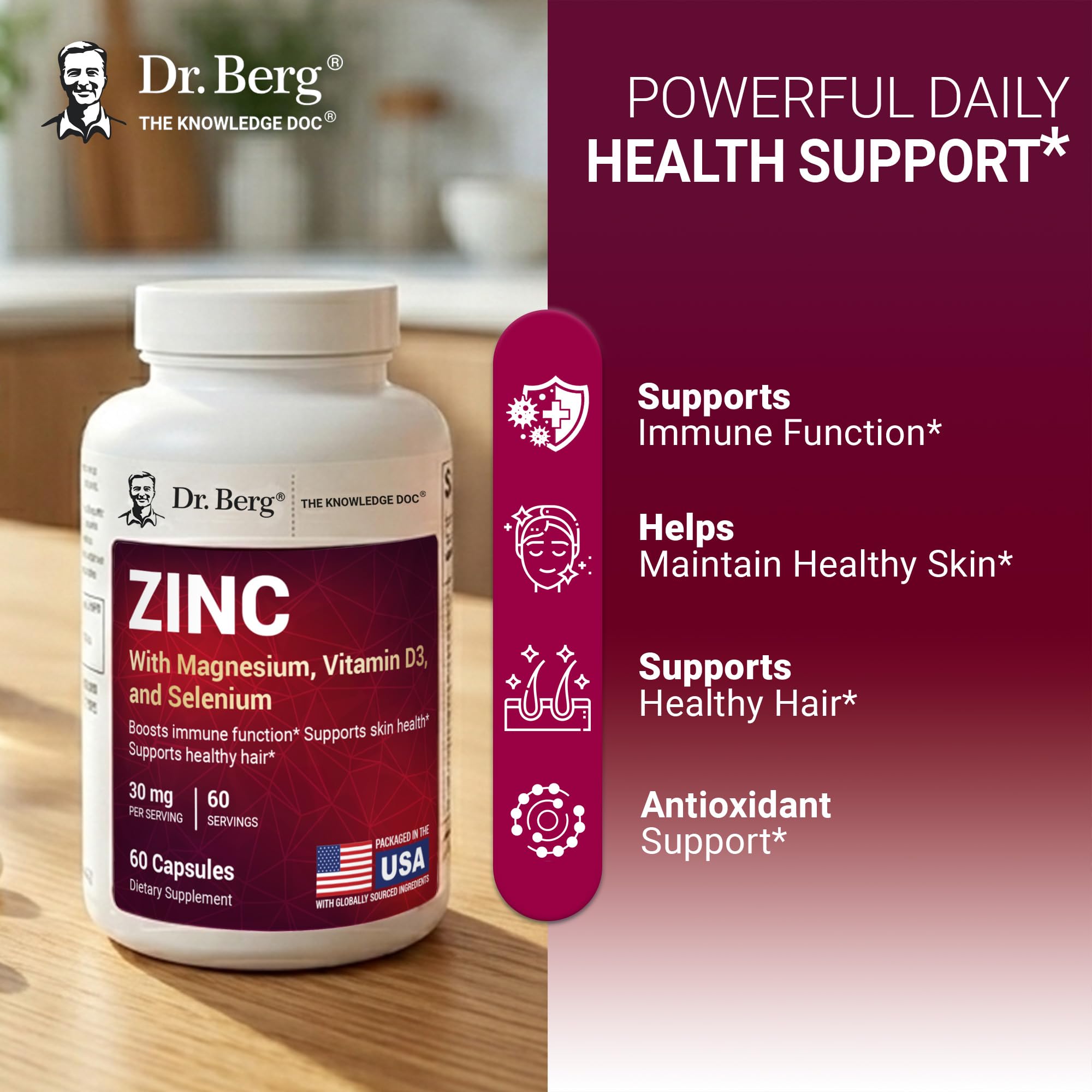 Dr. Berg Zinc 30 mg (60 Capsules) – High Potency 7-in-1 Immune Support Formula – Chelated Zinc with Vitamin D & Selenium for Healthy Skin, Hair & Daily Wellness – No Fillers, 4X Tested*