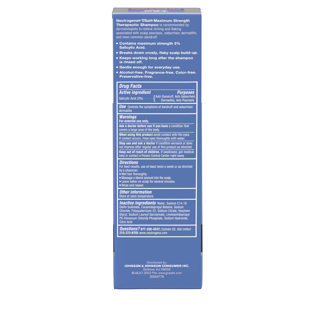 Neutrogena T/Sal Therapeutic Dandruff Shampoo, Scalp Build-Up Control, 3% Salicylic Acid,Psoriasis Treatment, Seborrheic Dermatitis Shampoo, Clears Flakes, Fragrance Free, 4.5 fl oz