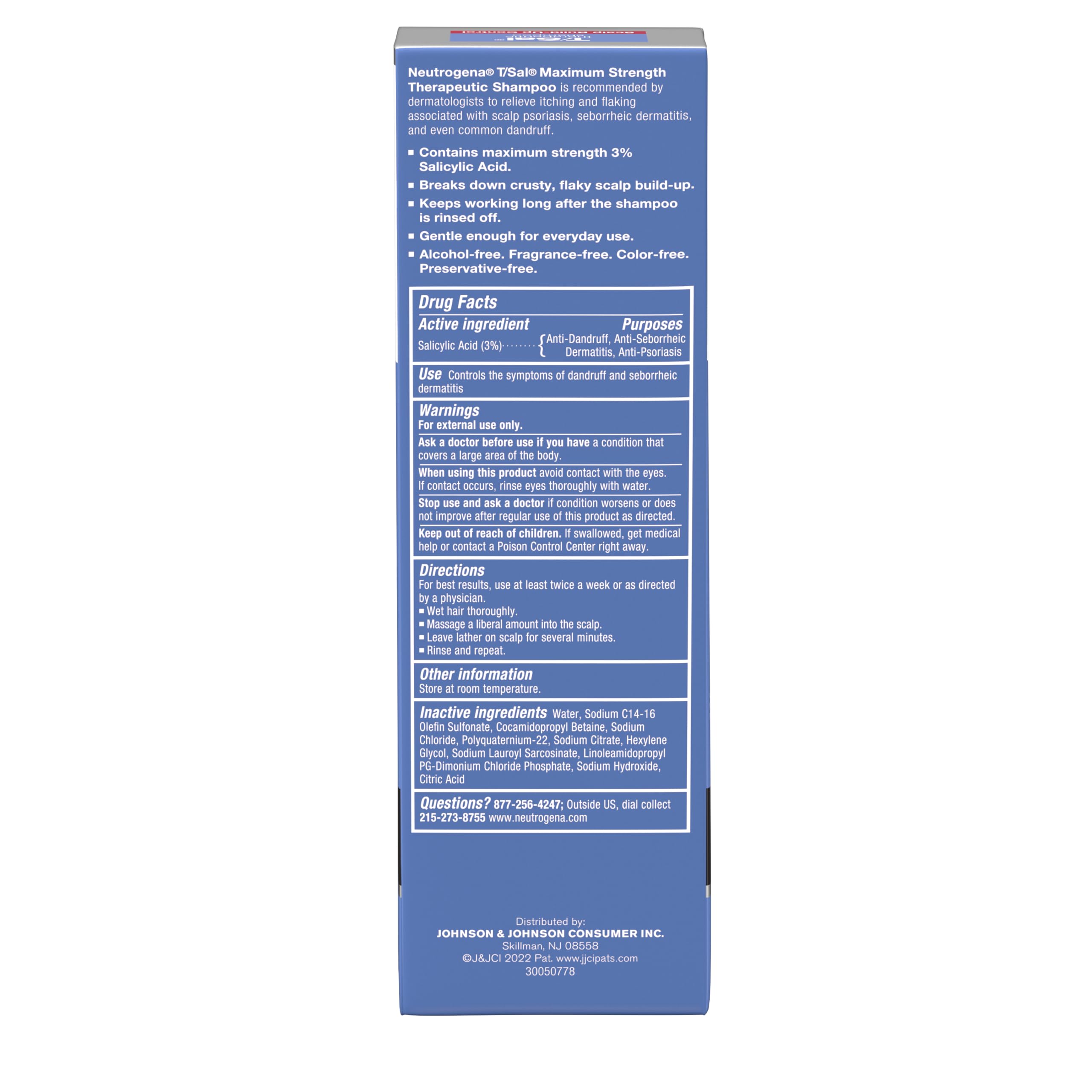 Neutrogena T/Sal Therapeutic Dandruff Shampoo, Scalp Build-Up Control, 3% Salicylic Acid,Psoriasis Treatment, Seborrheic Dermatitis Shampoo, Clears Flakes, Fragrance Free, 4.5 fl oz
