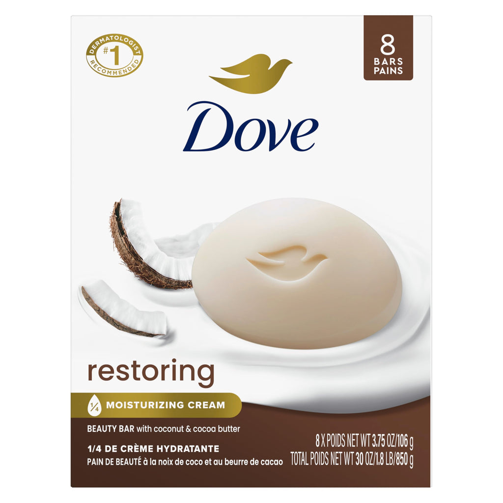 Dove Beauty Bar Soap Restoring Coconut & Cocoa Butter 6 Count 3.75 oz | For Restored Skin, Nourishes Skin