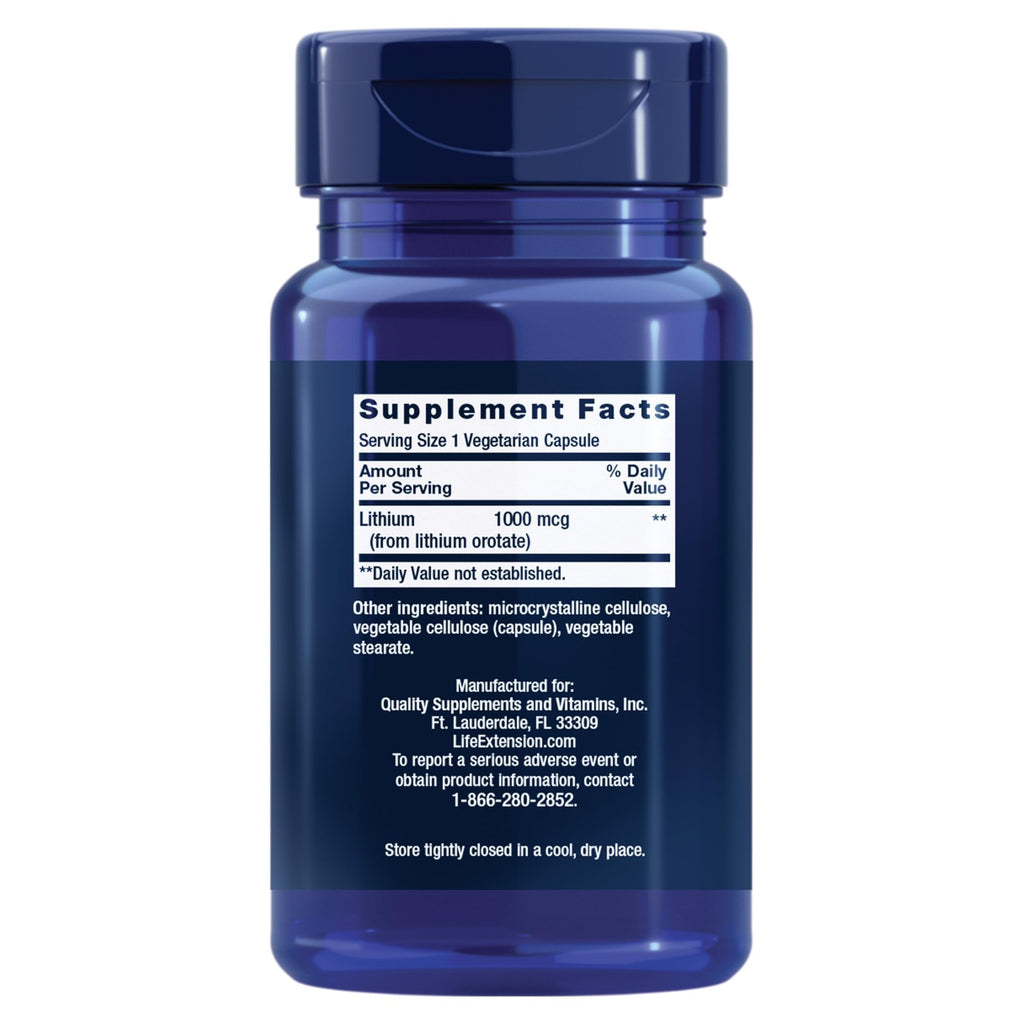 Life Extension Lithium, 1000 mcg – Lithium Orotate – Helps Maintain Cognitive Function & Memory – Low-Dose Formula – Non-GMO, Gluten-Free, Vegetarian – 100 Capsules
