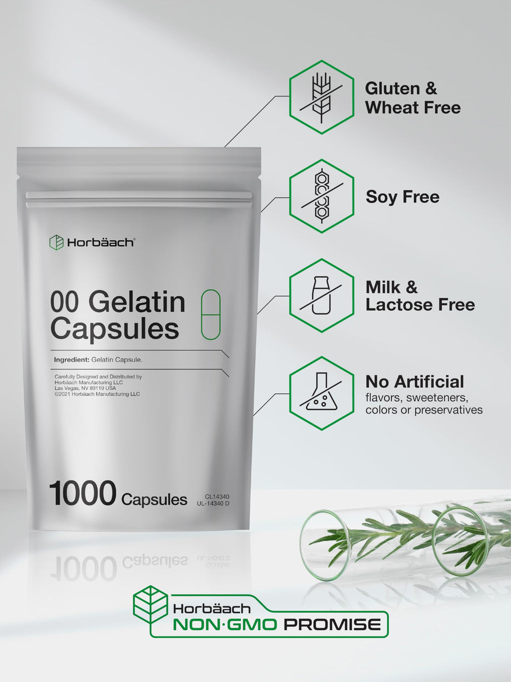 Empty Capsules Size 00 | 1000 Clear Gelatin Capsules | Resealable Bag | Non-GMO, Gluten Free | By Horbaach