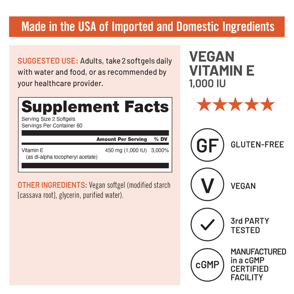 NatureWise Vitamin E 1000 IU Softgels (450mg dL-Alpha) - Vegan, Gluten-Free, Soy-Free, Non-GMO Antioxidant Dietary Supplement for Skin, Heart, Eye, and Immune Health Support - 60-Day Supply, 120 Count